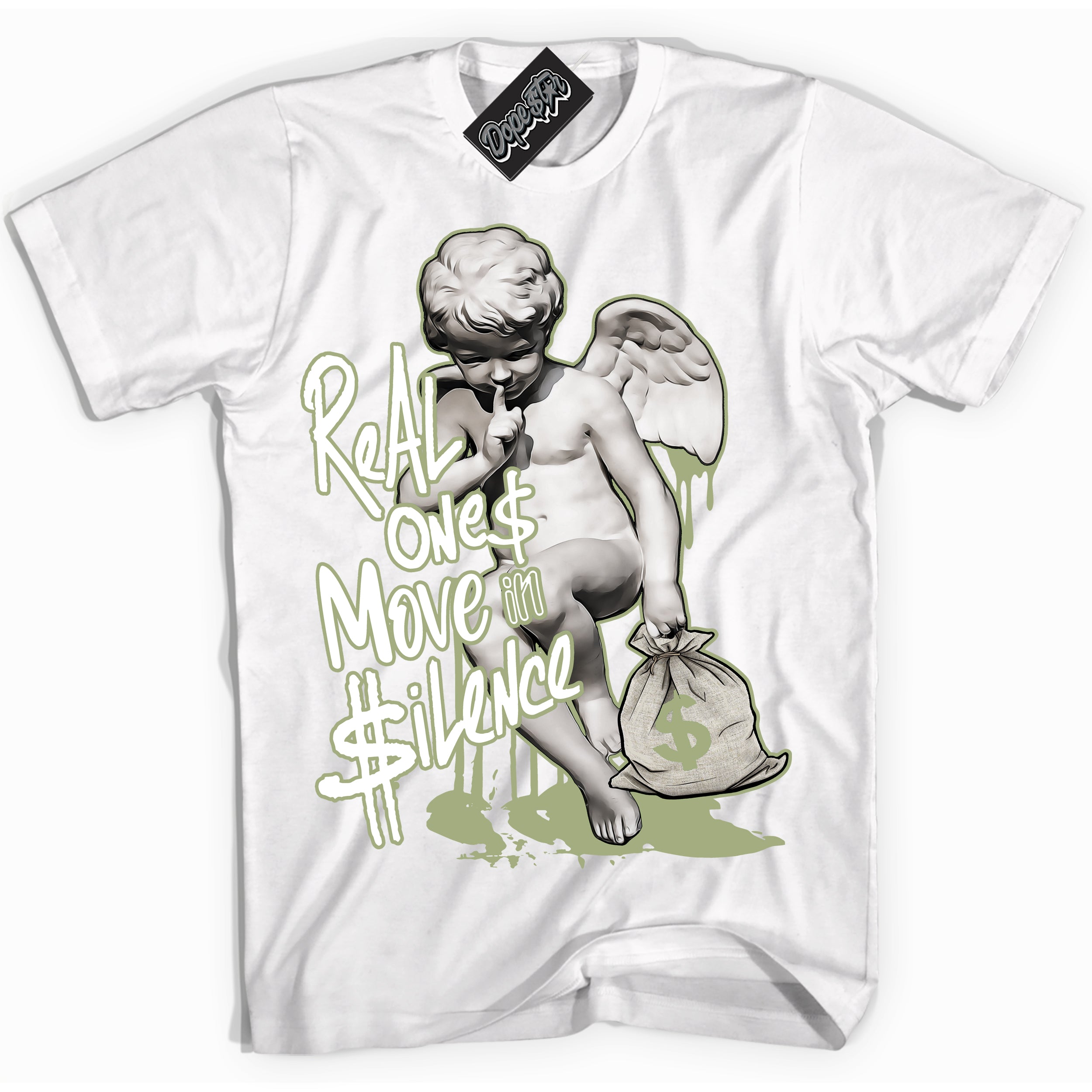 Cool White Shirt with “ Real Ones Cherub ” design that perfectly matches Safari Oil Green Dunk.