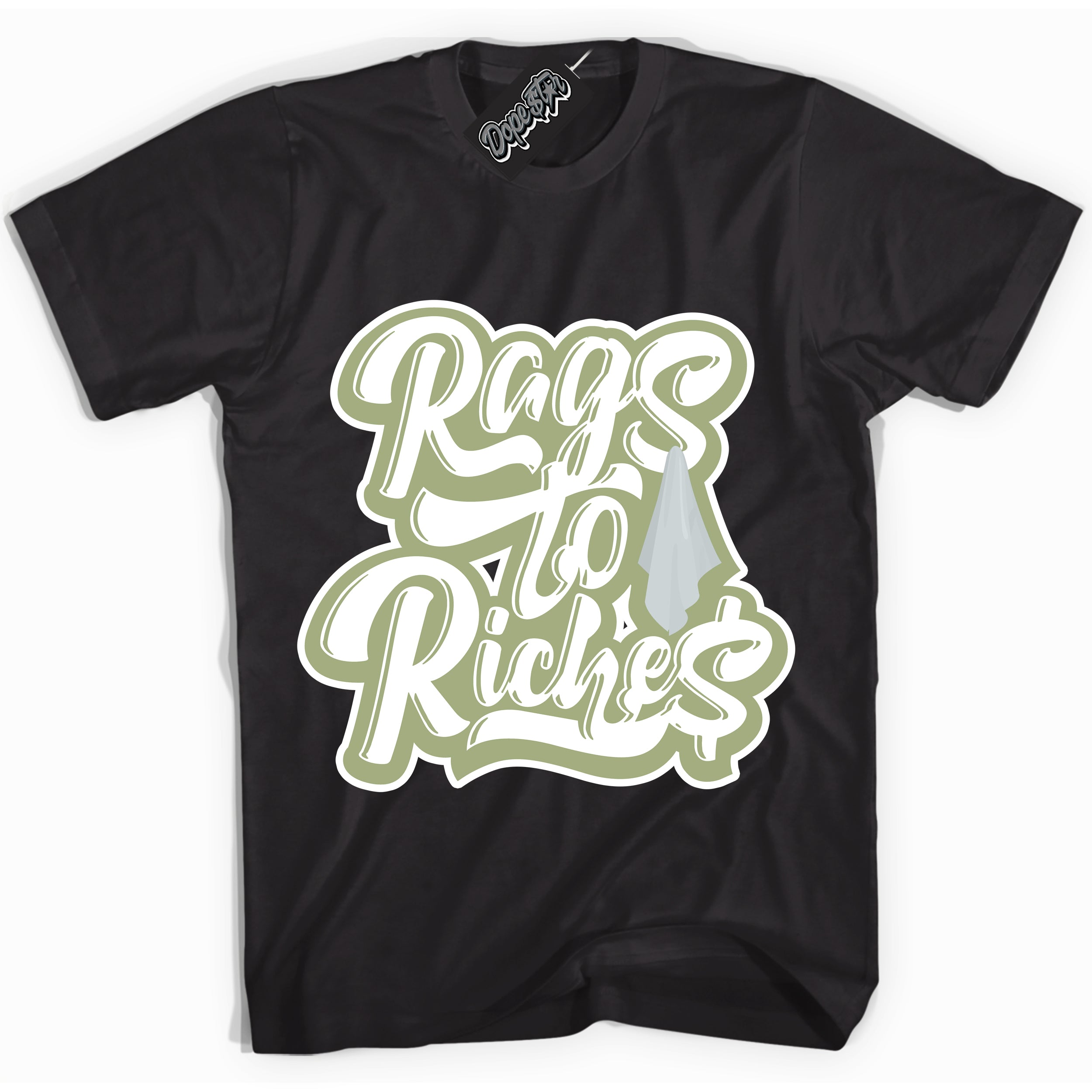 Cool Black Shirt with “ Rags To Riches ” design that perfectly matches Safari Oil Green Dunk.
