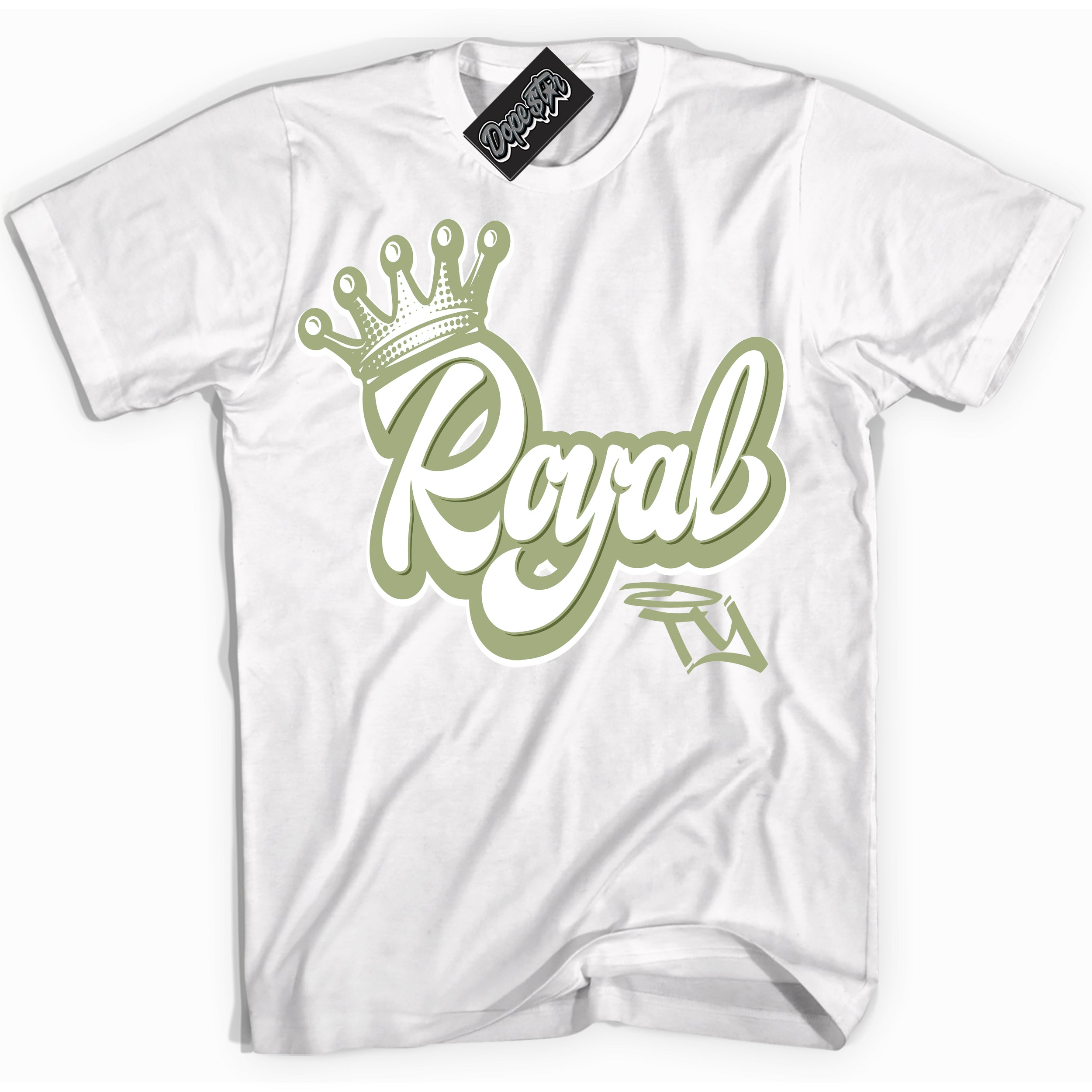 Cool White Shirt with “ Royalty ” design that perfectly matches Safari Oil Green Dunk.