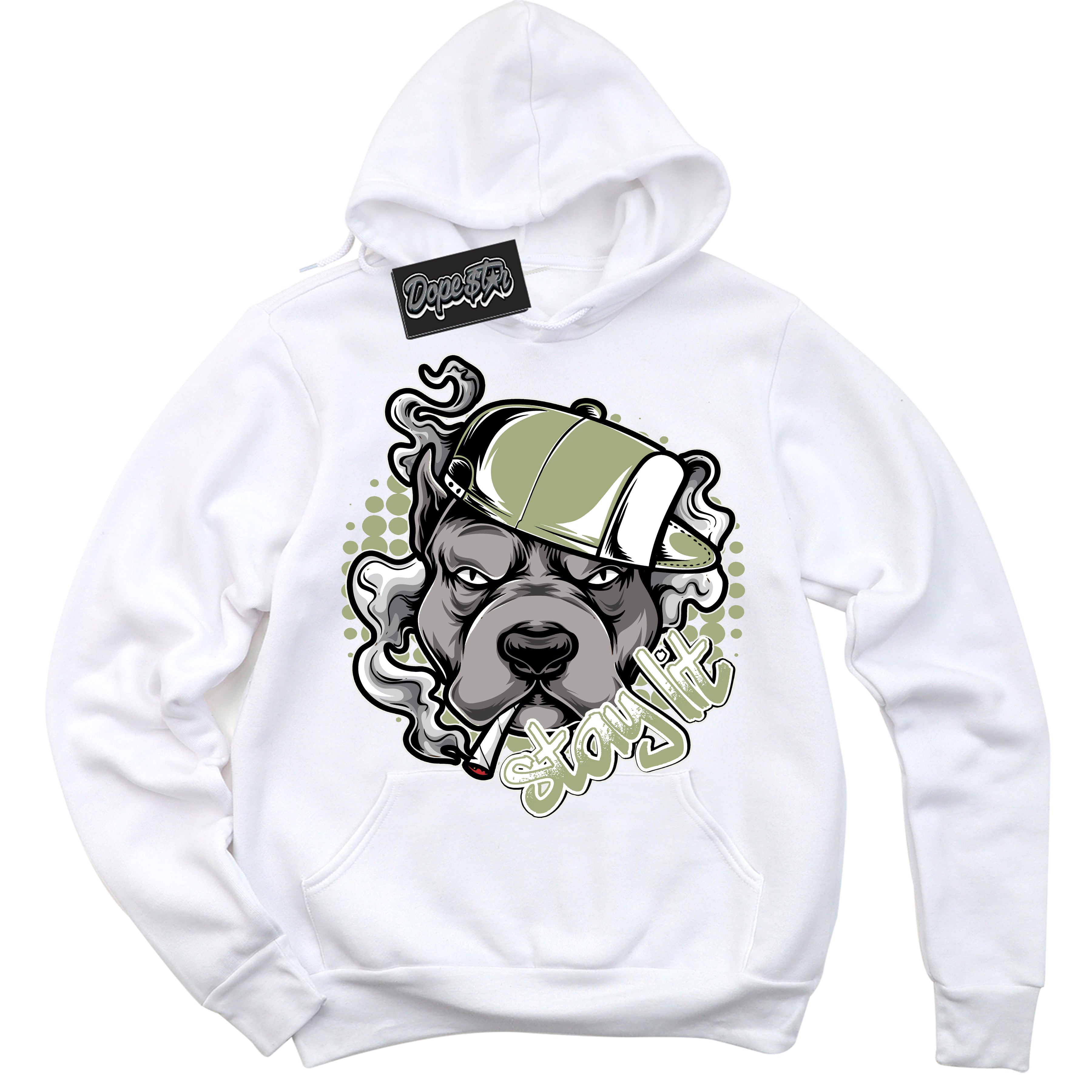 Cool White Hoodie with “ Stay Lit ”  design that Perfectly Matches Safari Oil Green Dunk.