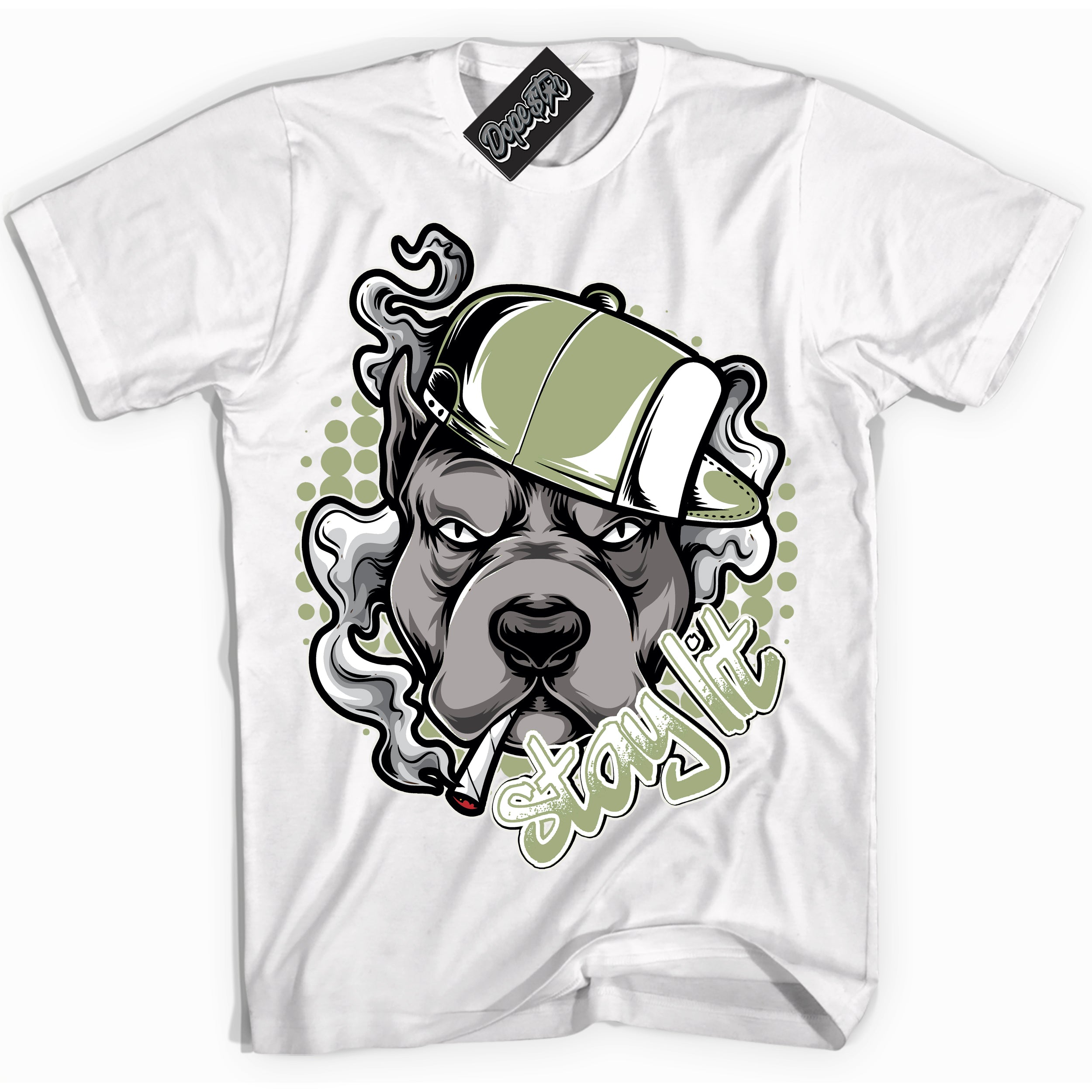 Cool White Shirt with “ Stay Lit ” design that perfectly matches Safari Oil Green Dunk.