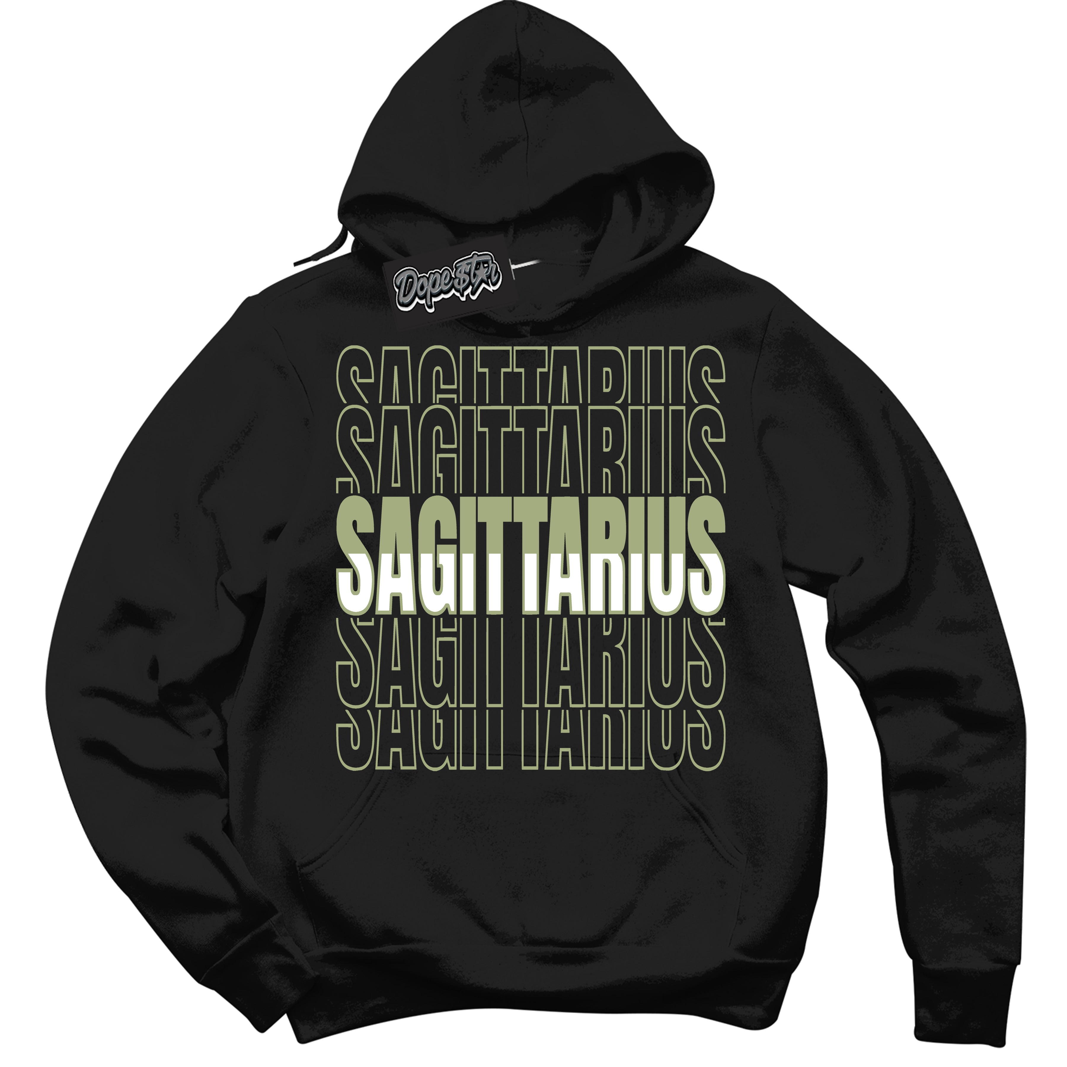 Cool Black Hoodie with “ Sagittarius ”  design that Perfectly Matches Safari Oil Green Dunk.