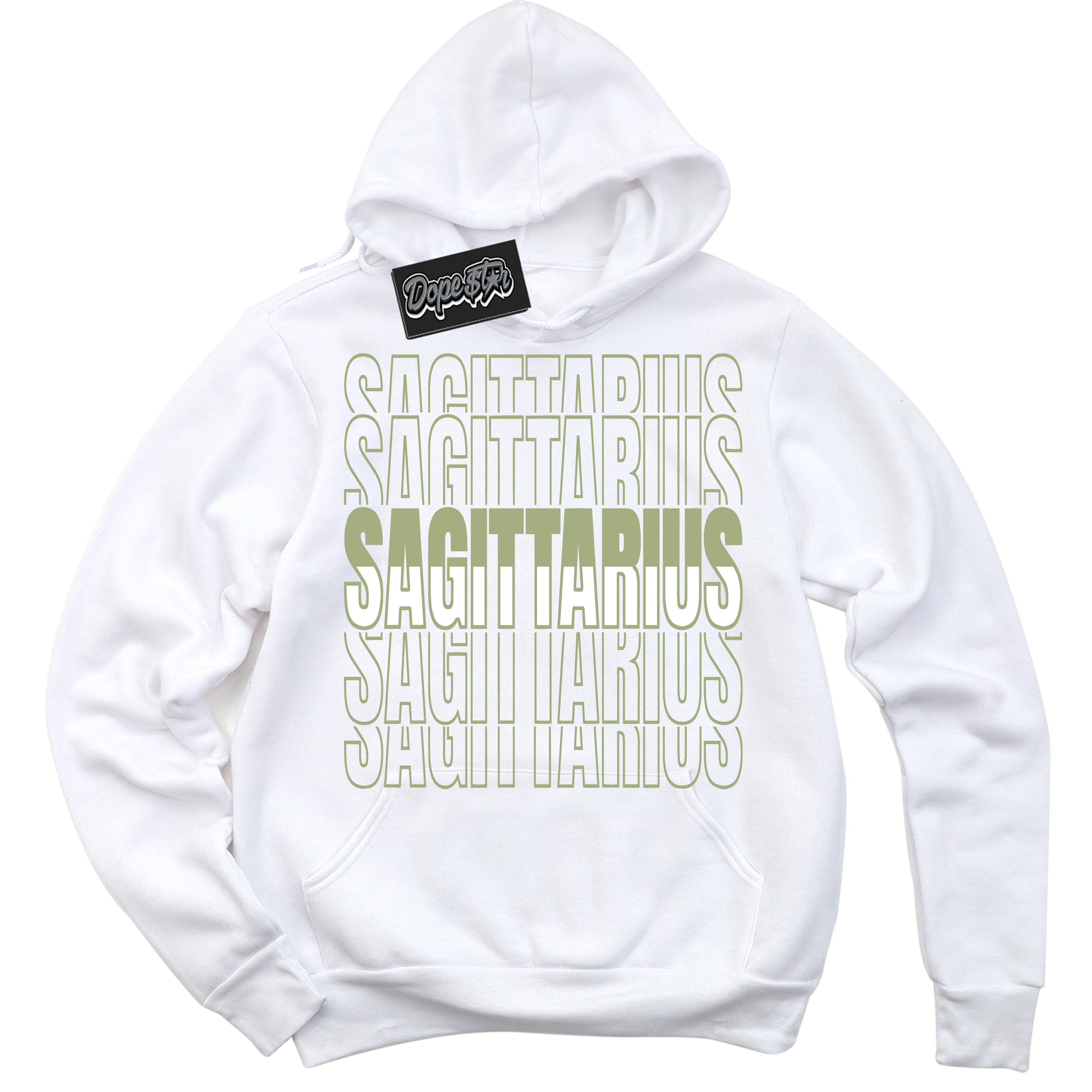 Cool White Hoodie with “ Sagittarius ”  design that Perfectly Matches Safari Oil Green Dunk.