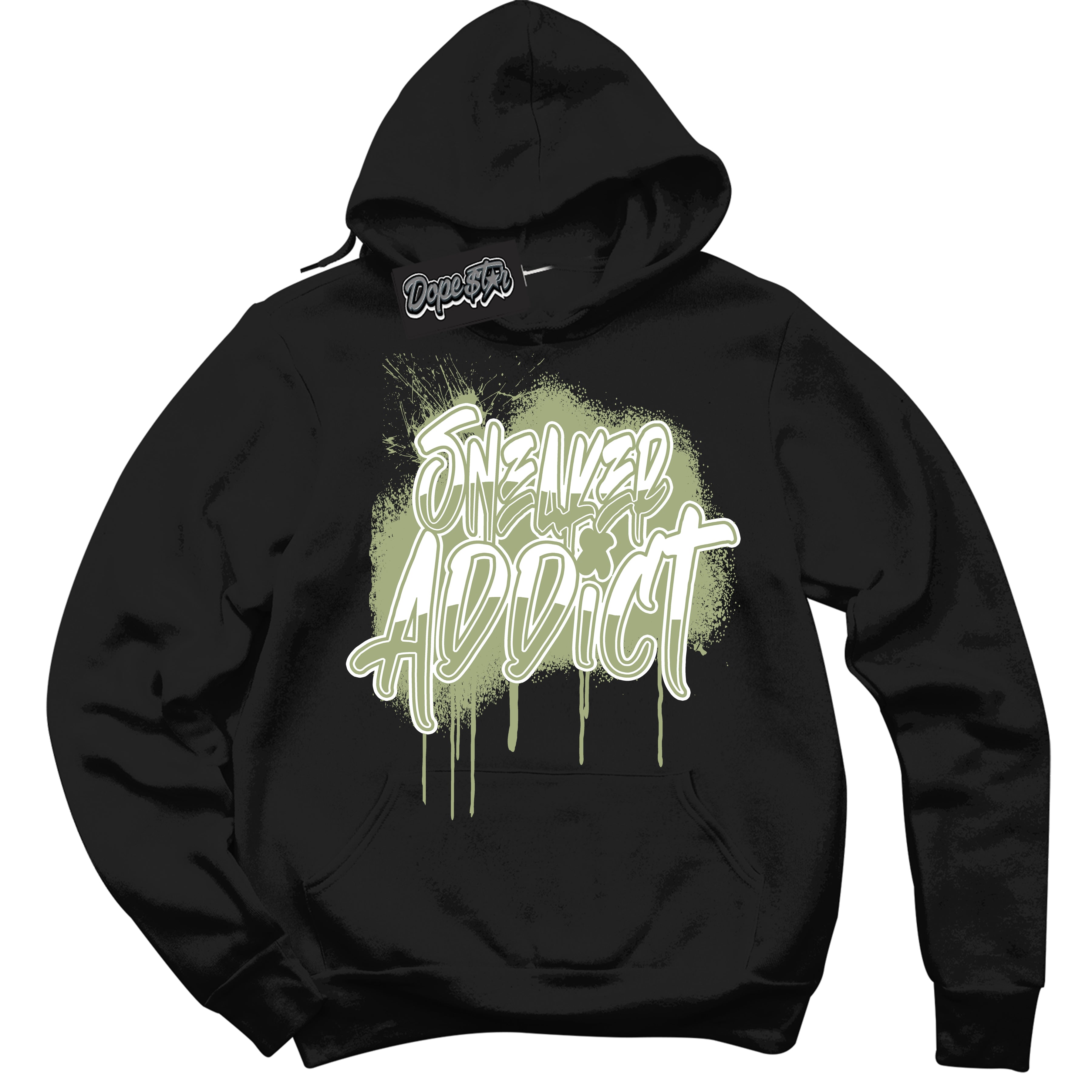 Cool Black Hoodie with “ Sneaker Addict ”  design that Perfectly Matches Safari Oil Green Dunk.