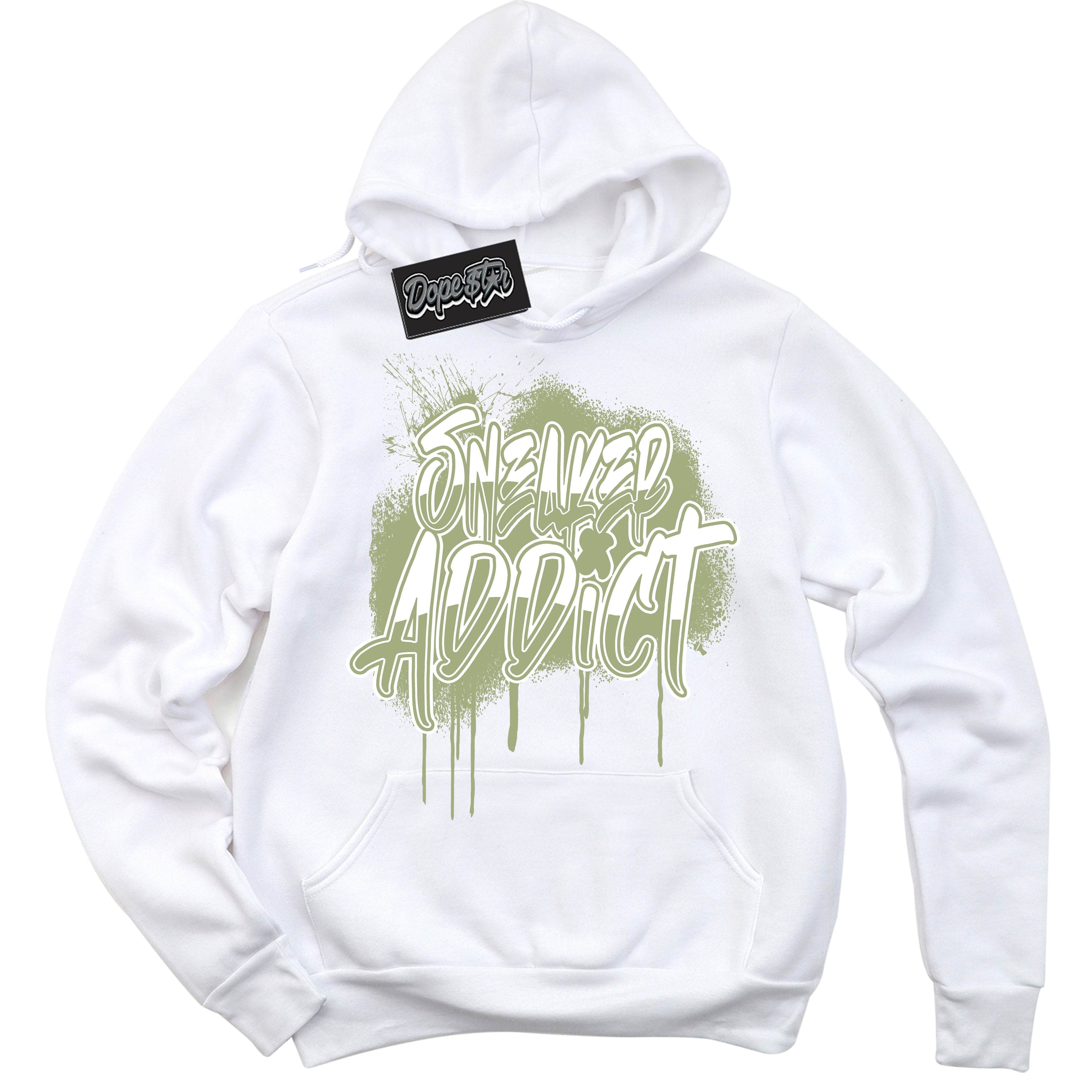 Cool White Hoodie with “ Sneaker Addict ”  design that Perfectly Matches Safari Oil Green Dunk.