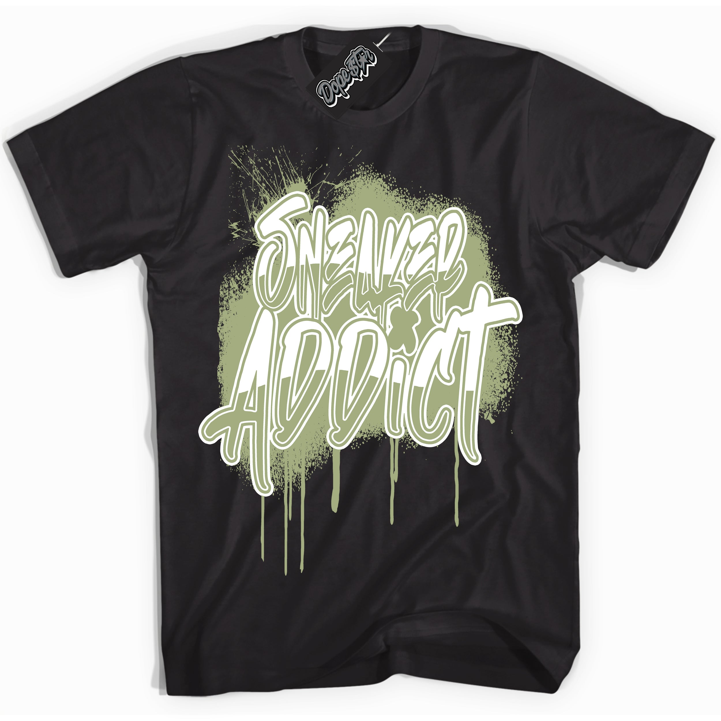 Cool Black Shirt with “ Sneaker Addict ” design that perfectly matches Safari Oil Green Dunk.