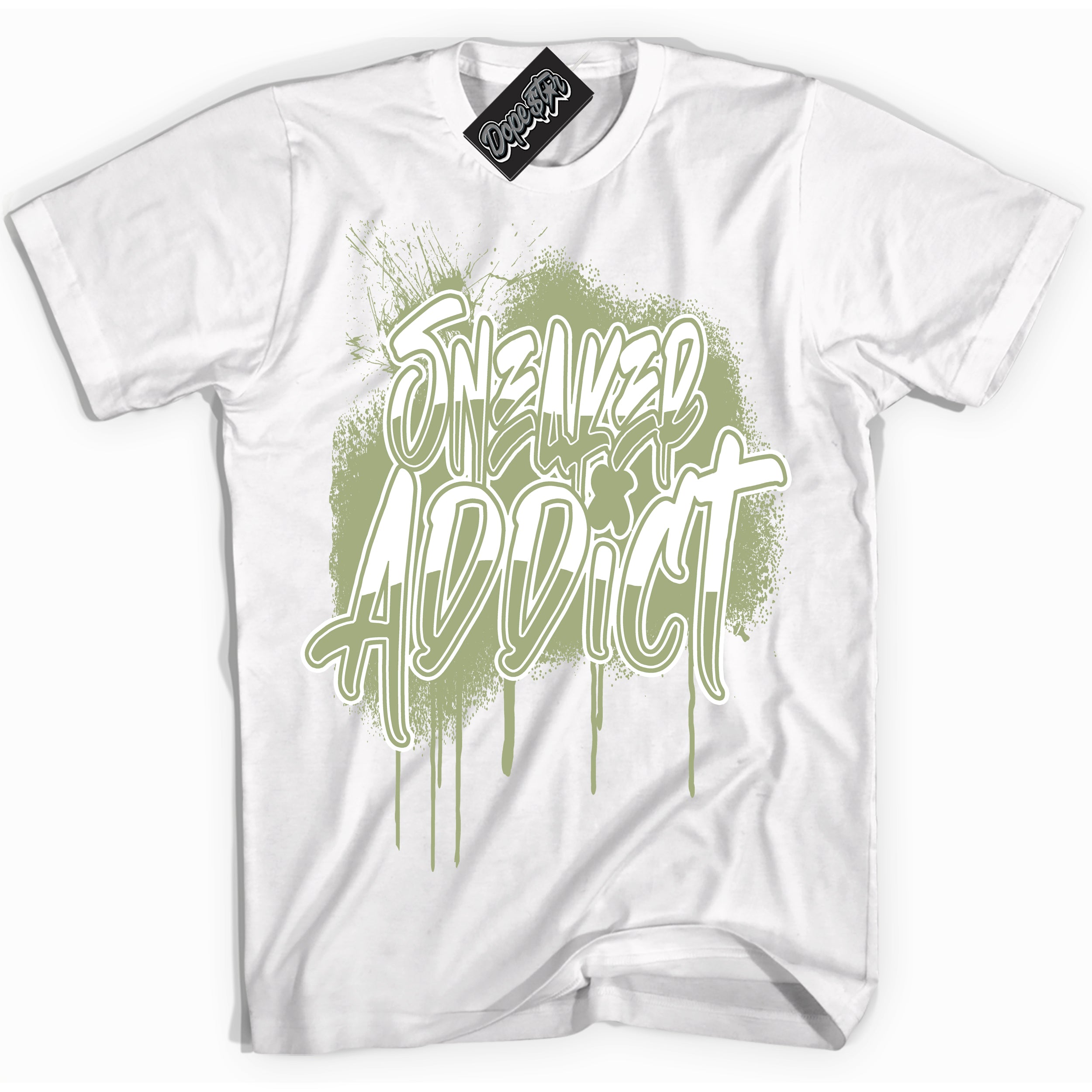 Cool White Shirt with “ Sneaker Addict ” design that perfectly matches Safari Oil Green Dunk.