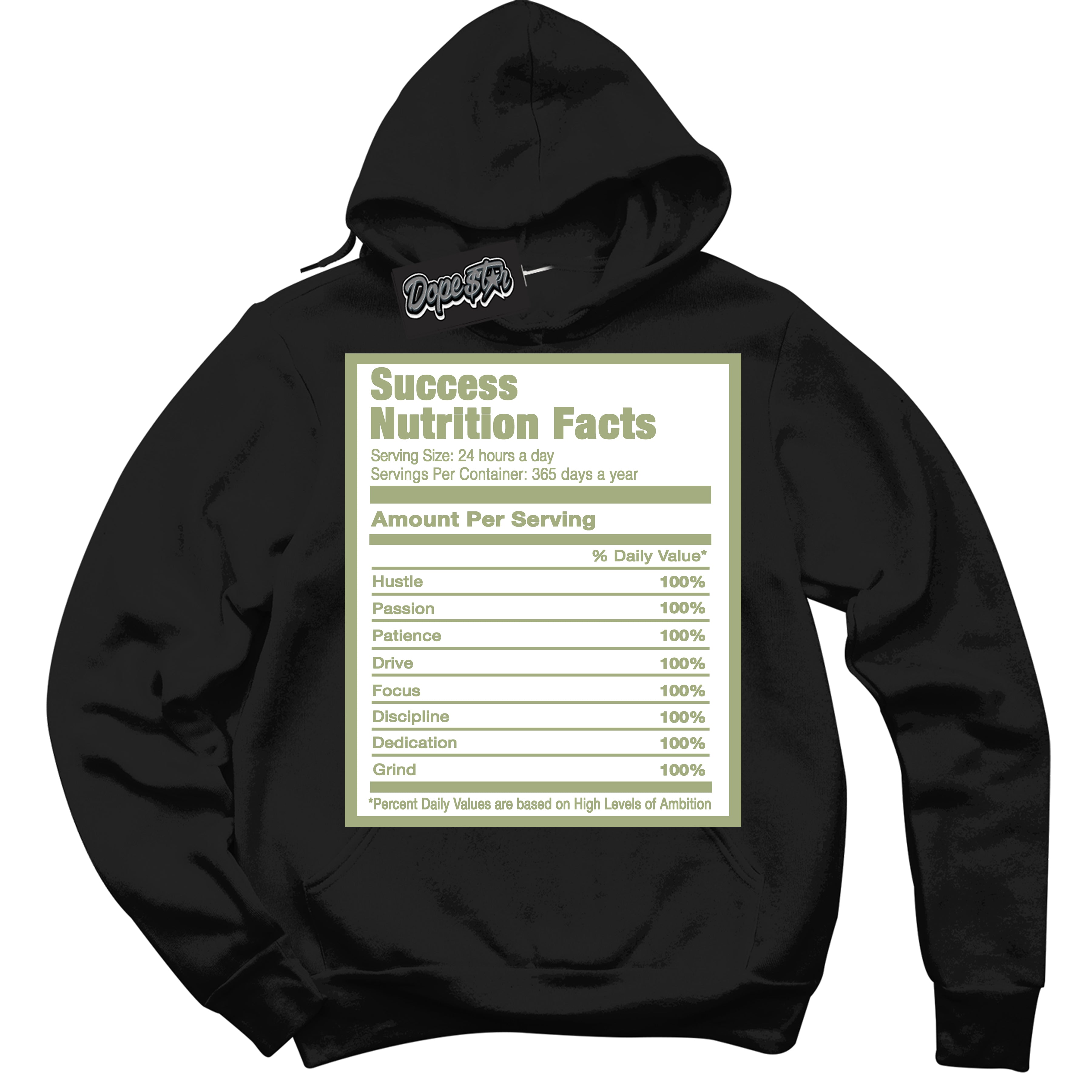Cool Black Hoodie with “ Success Nutrition ”  design that Perfectly Matches Safari Oil Green Dunk.