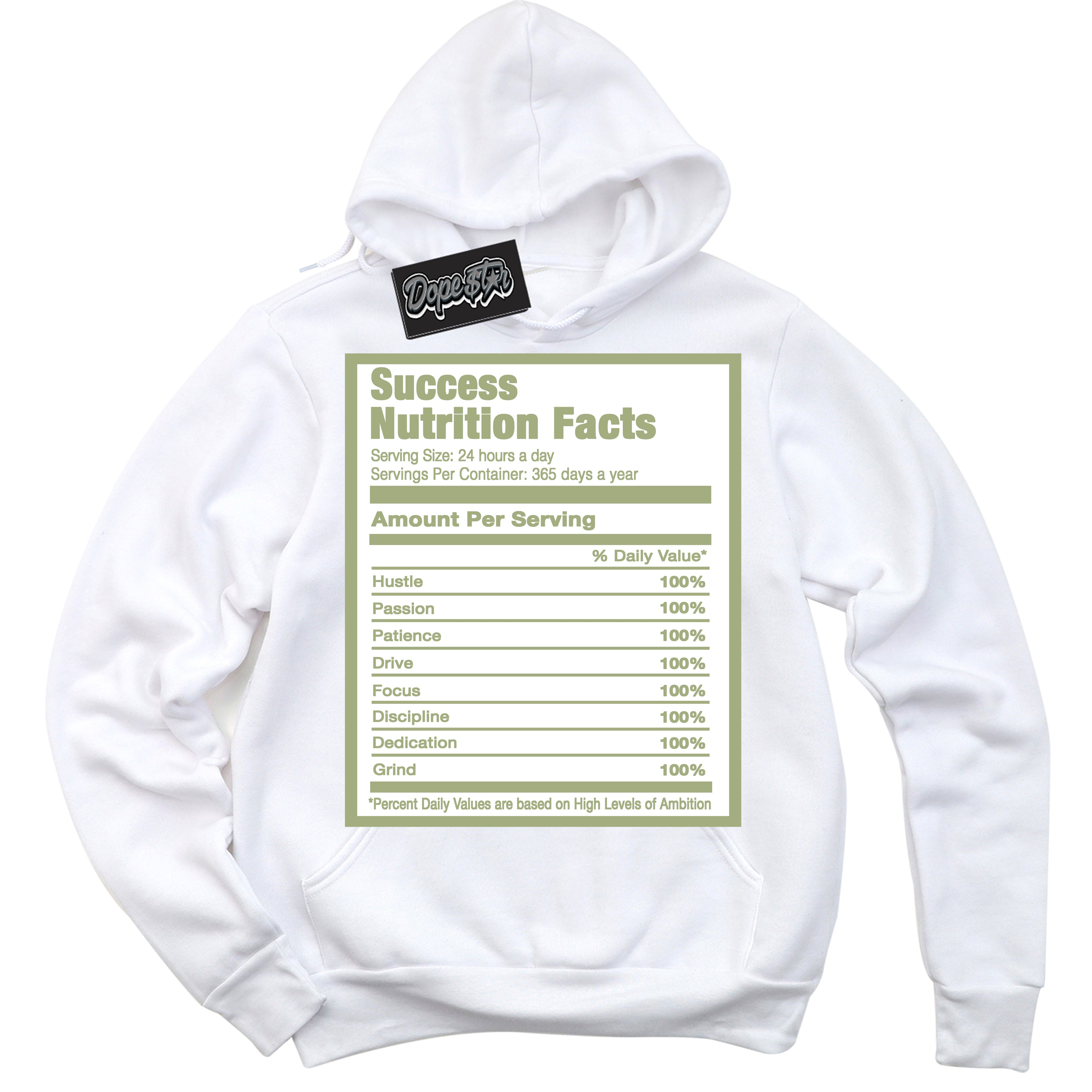 Cool White Hoodie with “ Success Nutrition ”  design that Perfectly Matches Safari Oil Green Dunk.
