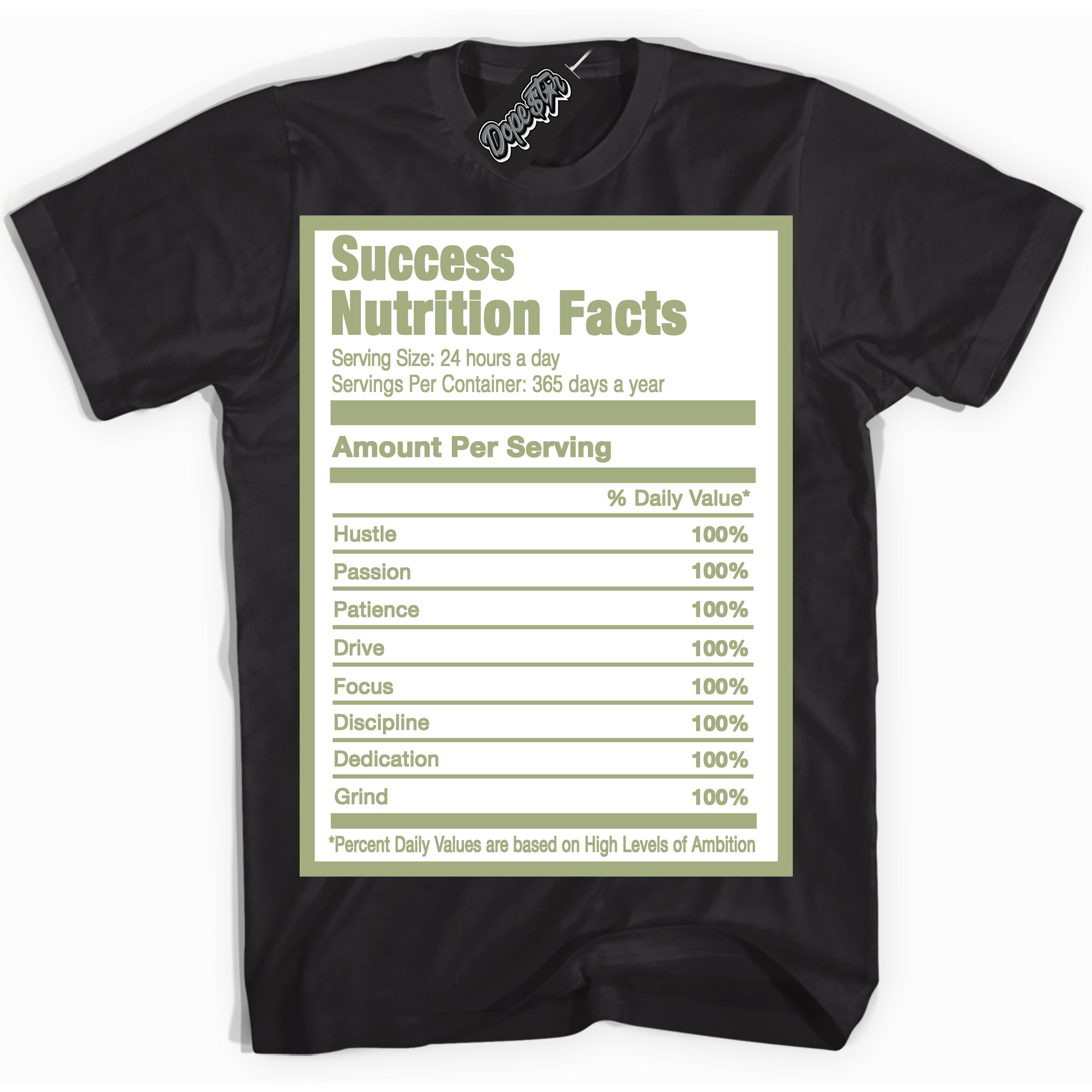 Cool Black Shirt with “ Success Nutrition ” design that perfectly matches Safari Oil Green Dunk.