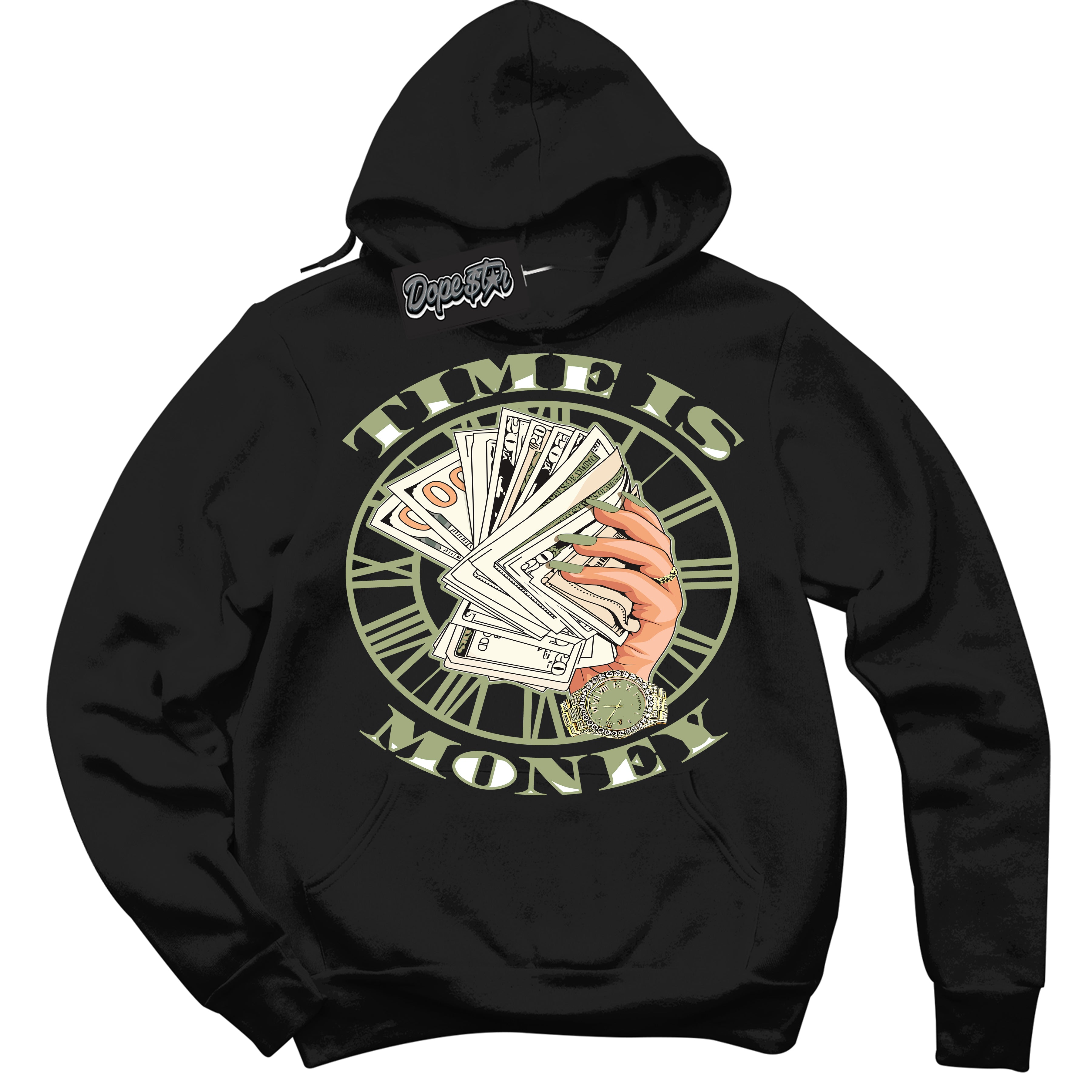 Cool Black Hoodie with “ Time Is Money ”  design that Perfectly Matches Safari Oil Green Dunk.