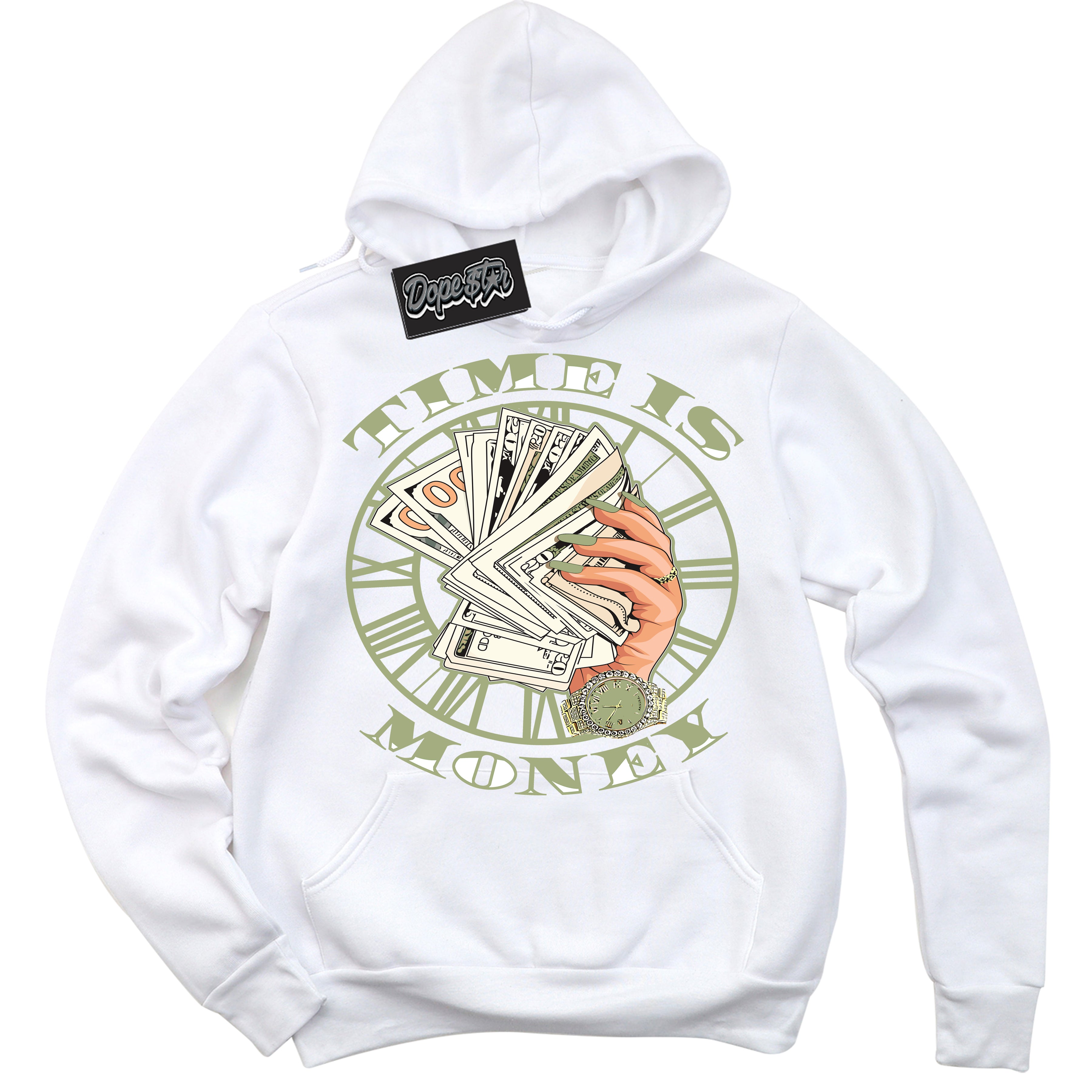 Cool White Hoodie with “ Time Is Money ”  design that Perfectly Matches Safari Oil Green Dunk.