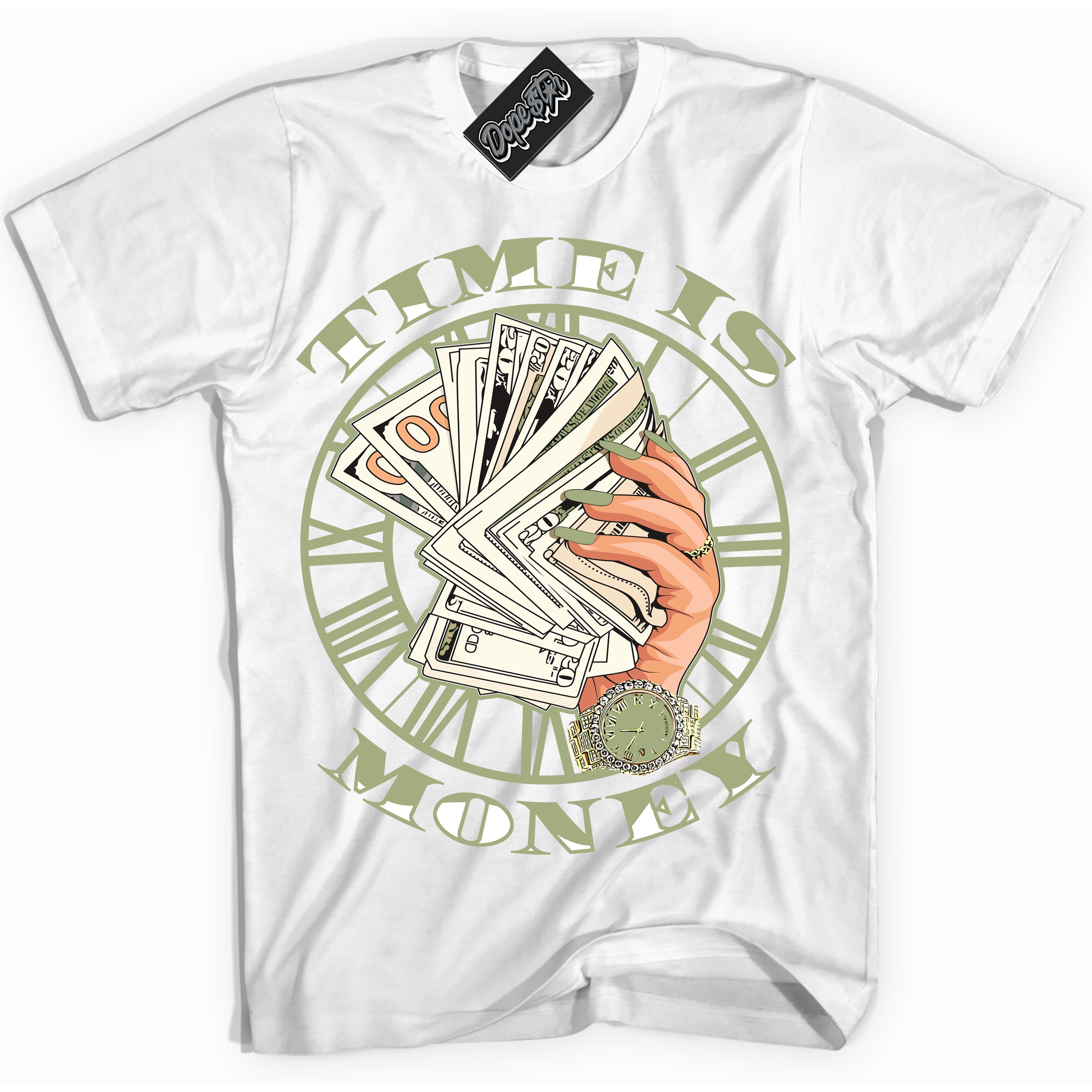 Cool White Shirt with “ Time Is Money ” design that perfectly matches Safari Oil Green Dunk.