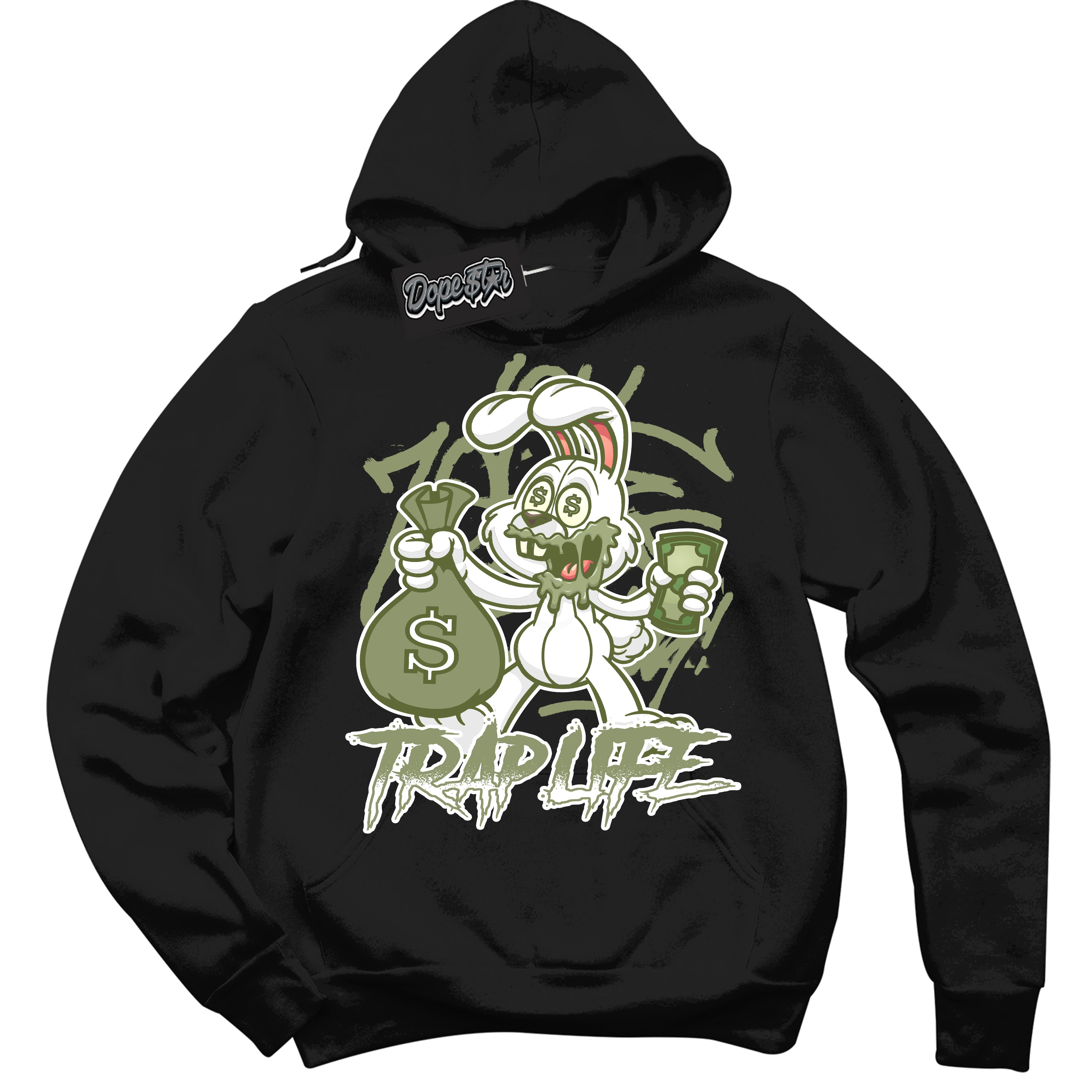 Cool Black Hoodie with “ Trap Rabbit ”  design that Perfectly Matches Safari Oil Green Dunk.