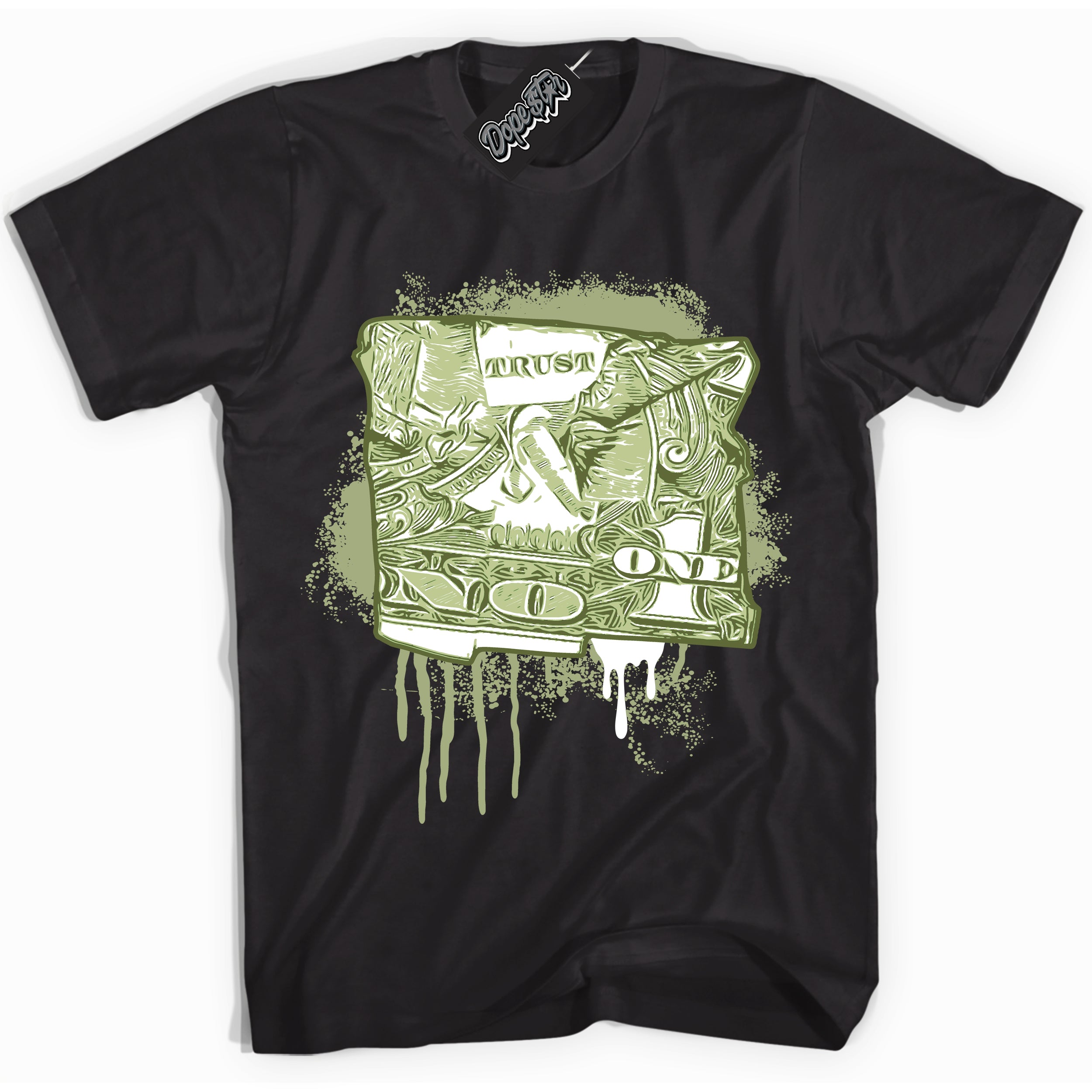 Cool Black Shirt with “ Trust No One Dollar ” design that perfectly matches Safari Oil Green Dunk.