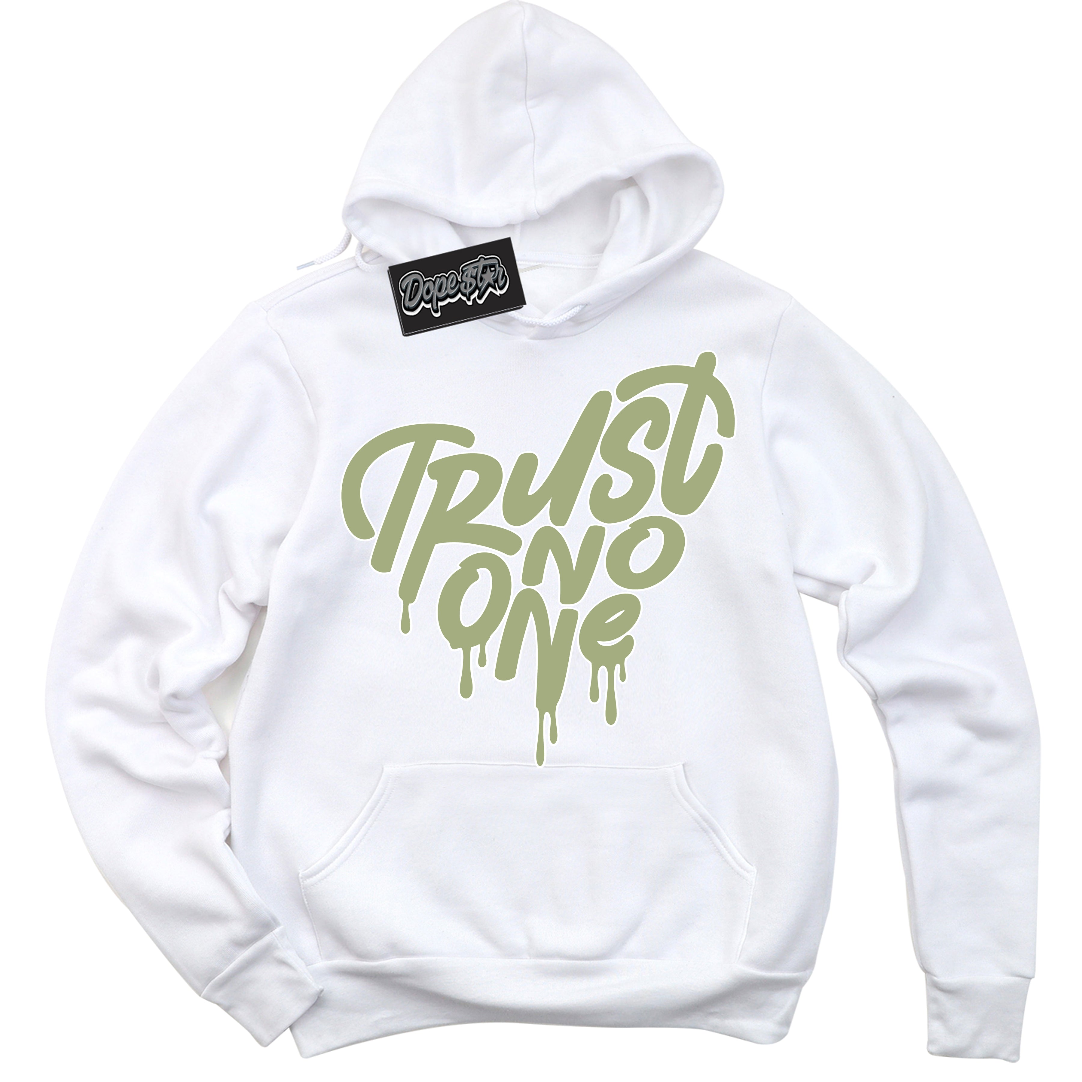 Cool White Hoodie with “ Trust No One Heart ”  design that Perfectly Matches Safari Oil Green Dunk.