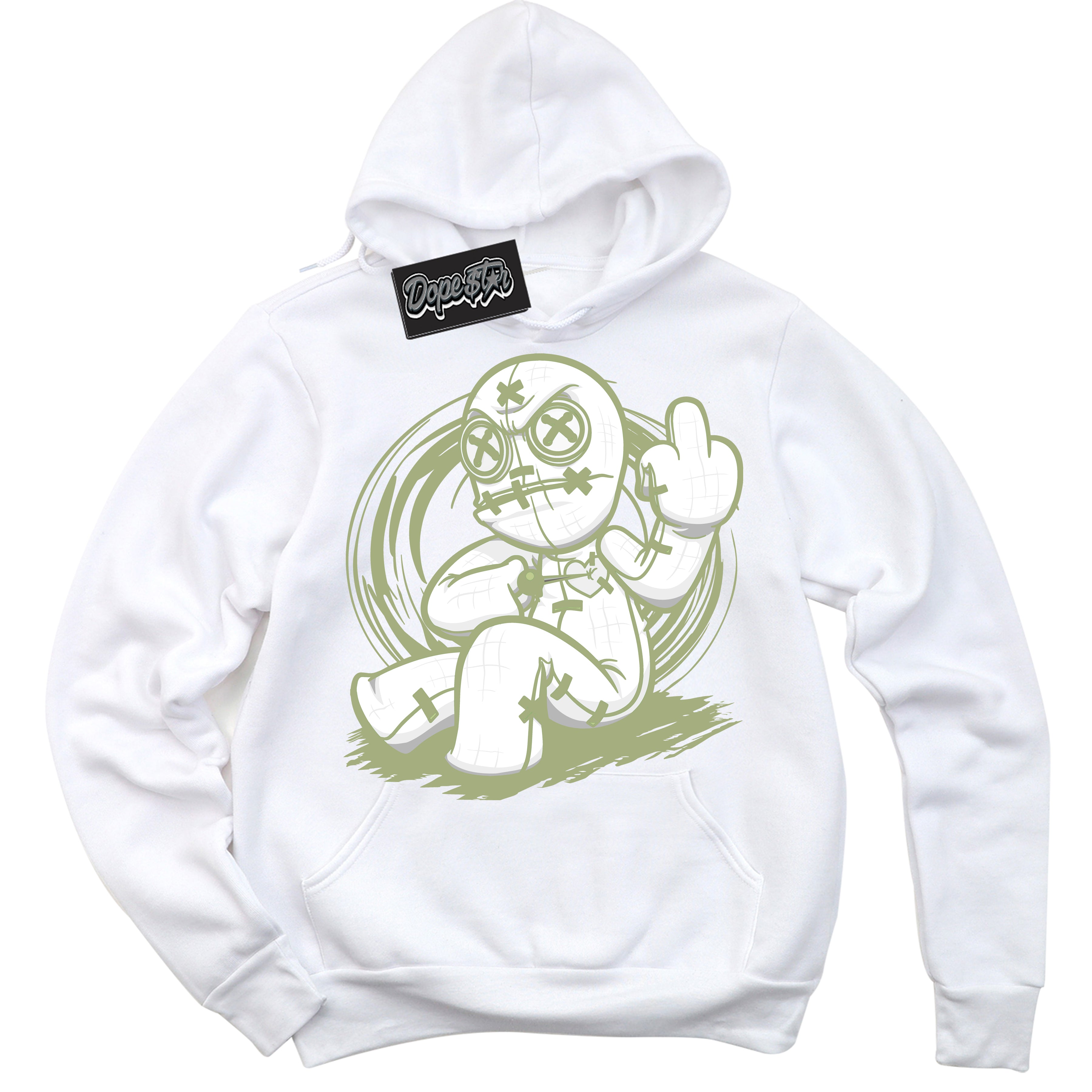 Cool White Hoodie with “ Voodoo Doll ”  design that Perfectly Matches Safari Oil Green Dunk.
