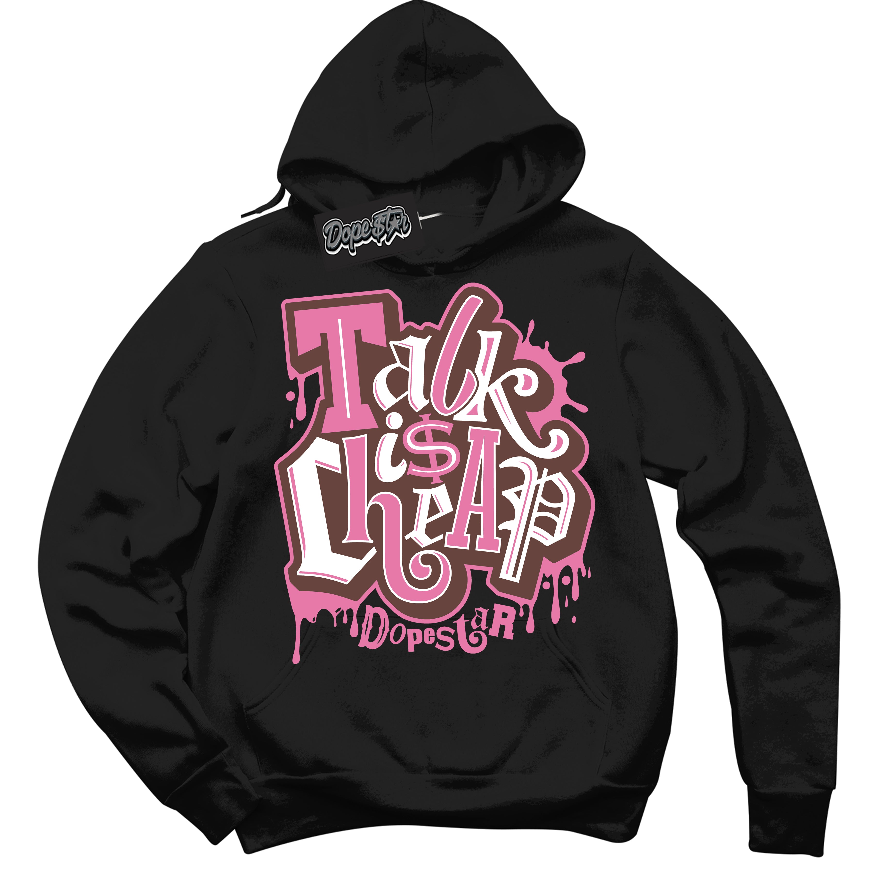 Cool Black Hoodie with “ Talk Is Cheap ” design that Perfectly Matches Smokey Mauve Sneakers.
