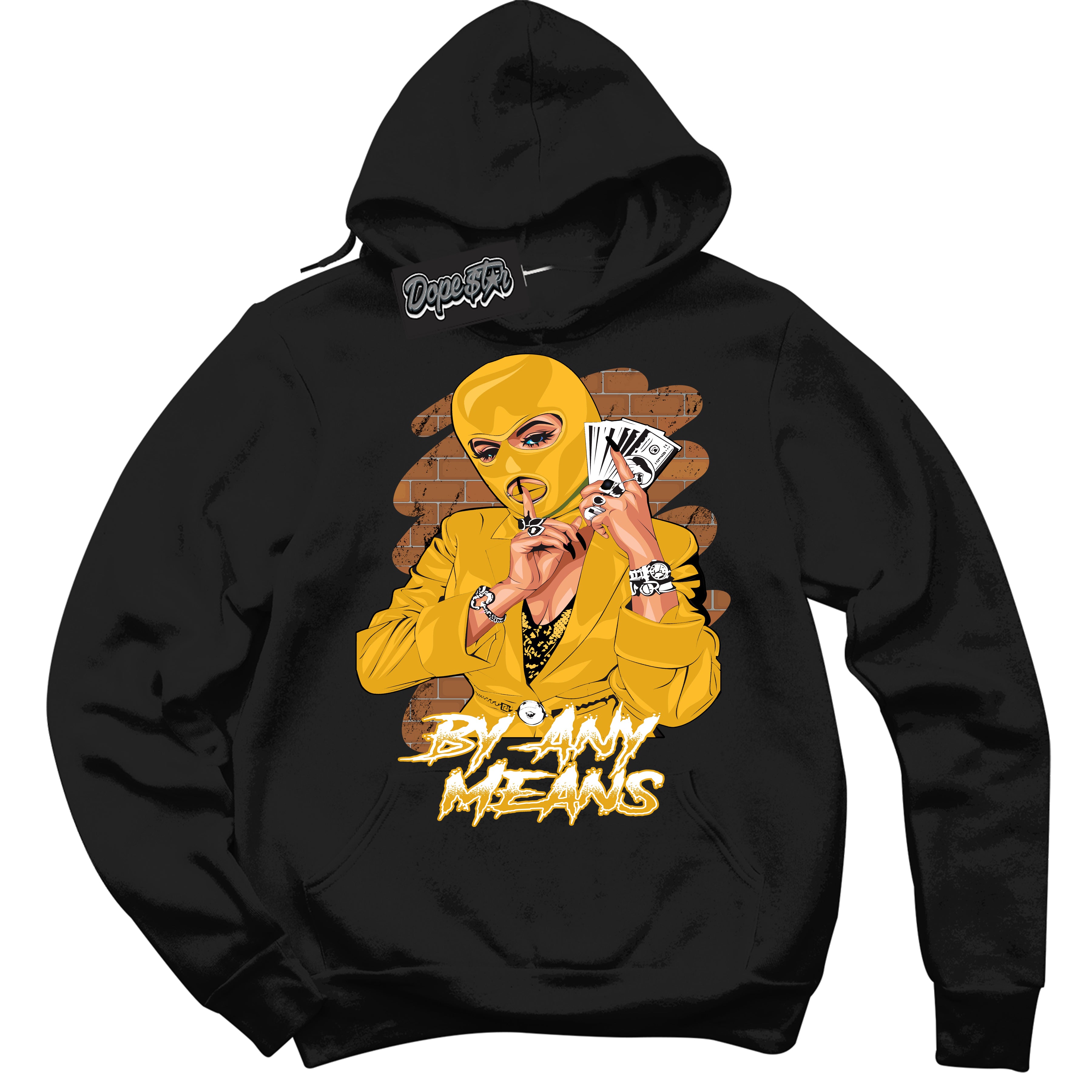 Cool Black Hoodie with “ By Any Means '' design that Perfectly Matches White University Gold Sneakers.