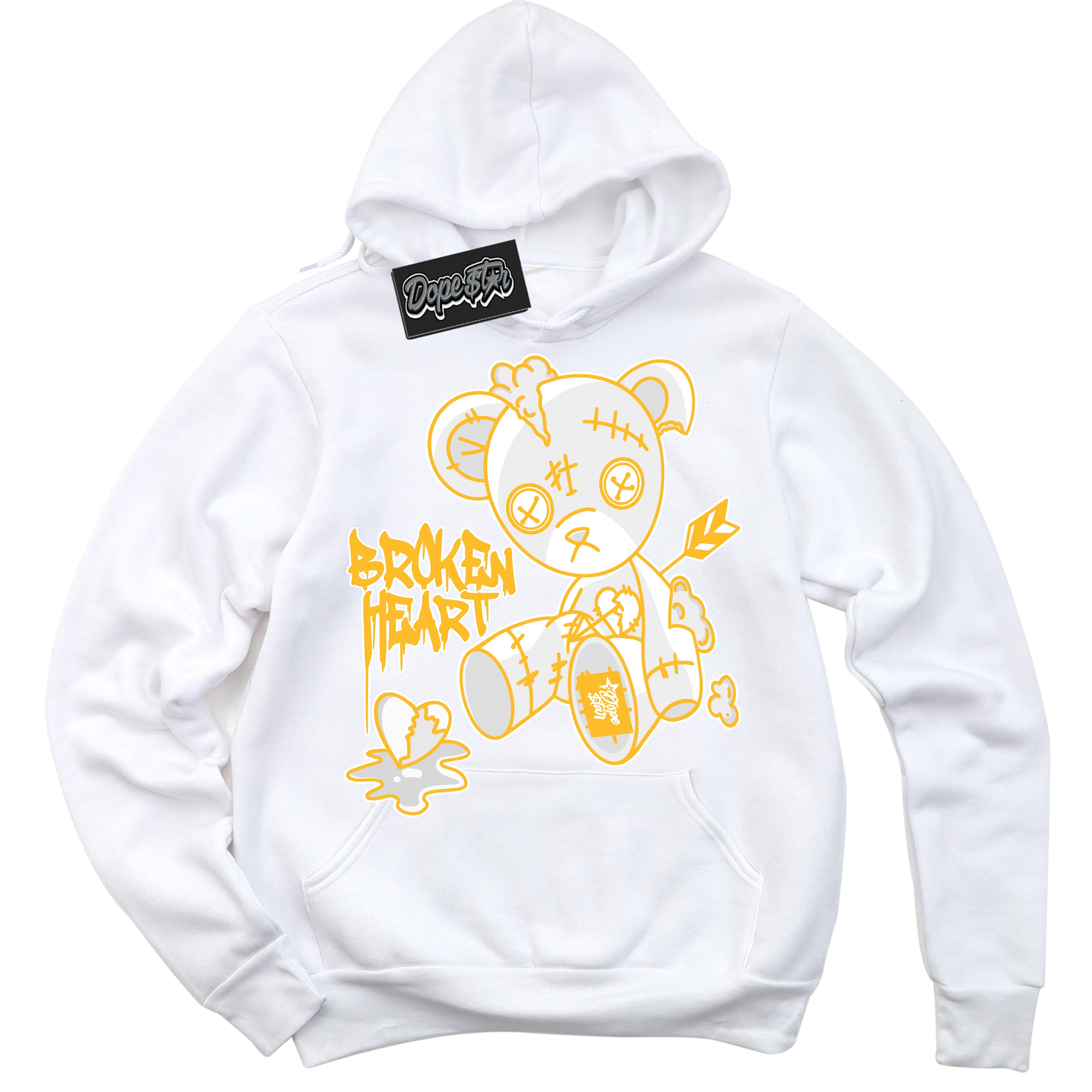 Cool White Hoodie with “ Broken Heart Bear '' design that Perfectly Matches White University Gold Sneakers.
