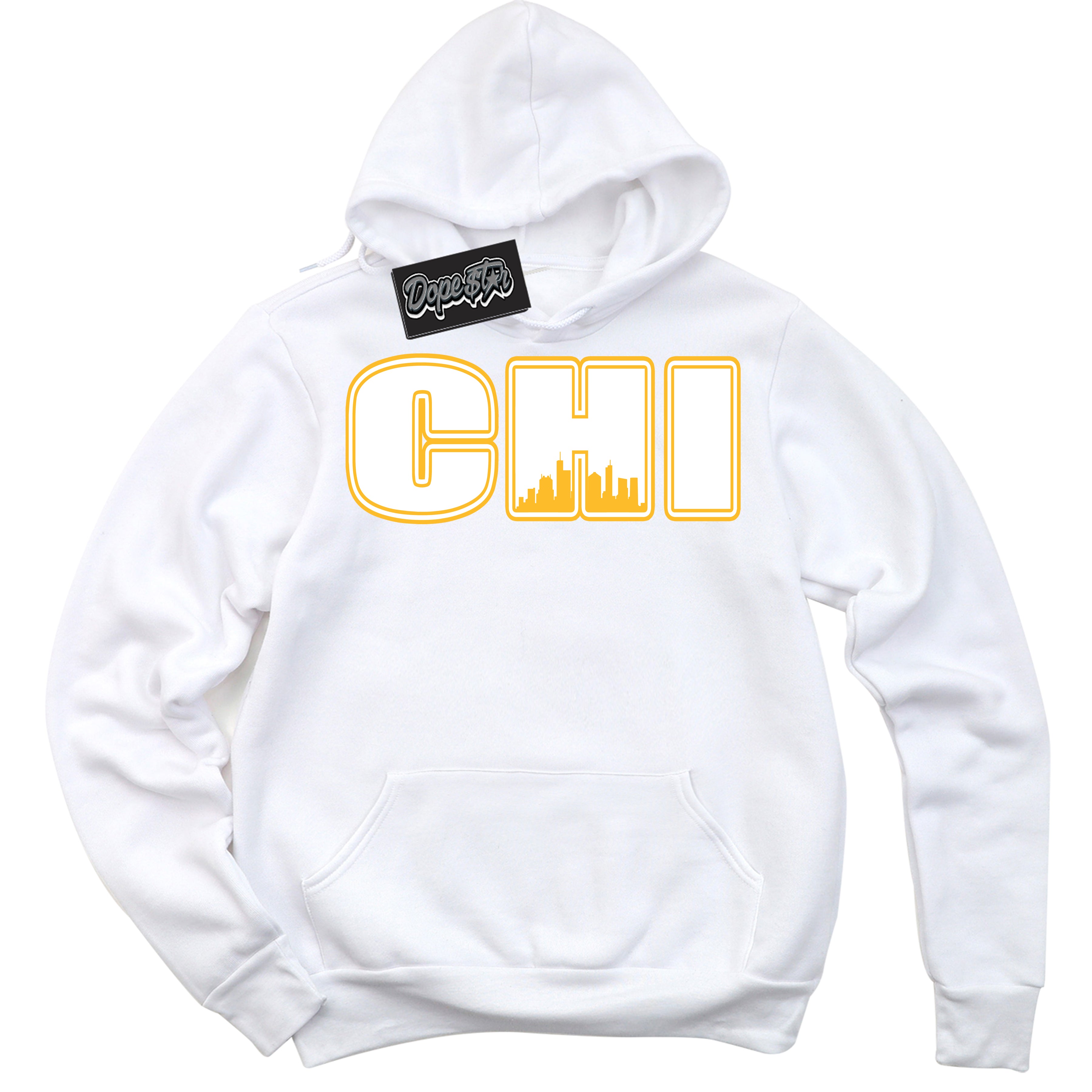 Cool White Hoodie with “ Chicago '' design that Perfectly Matches White University Gold Sneakers.