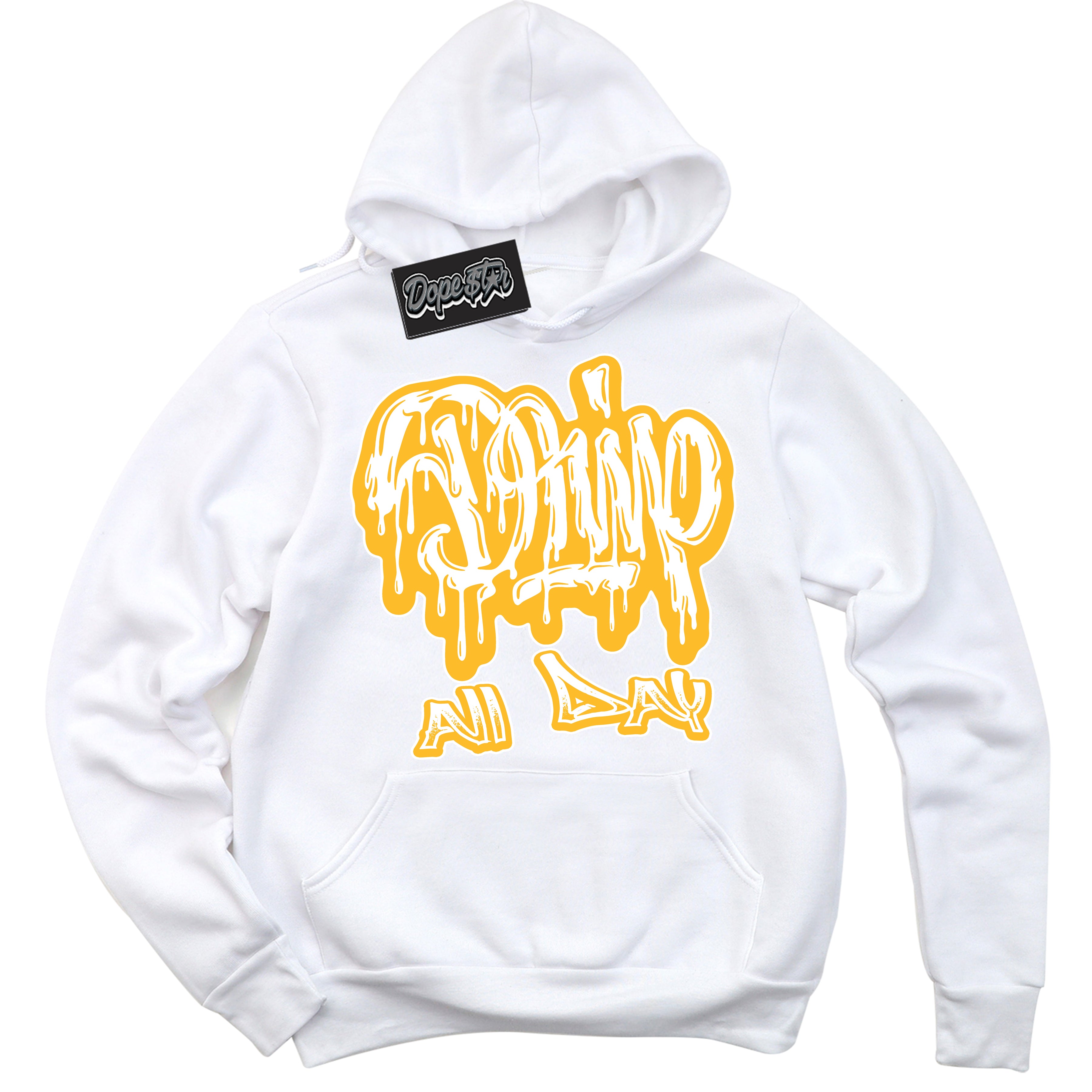 Cool White Hoodie with “ Drip All Day '' design that Perfectly Matches White University Gold Sneakers.