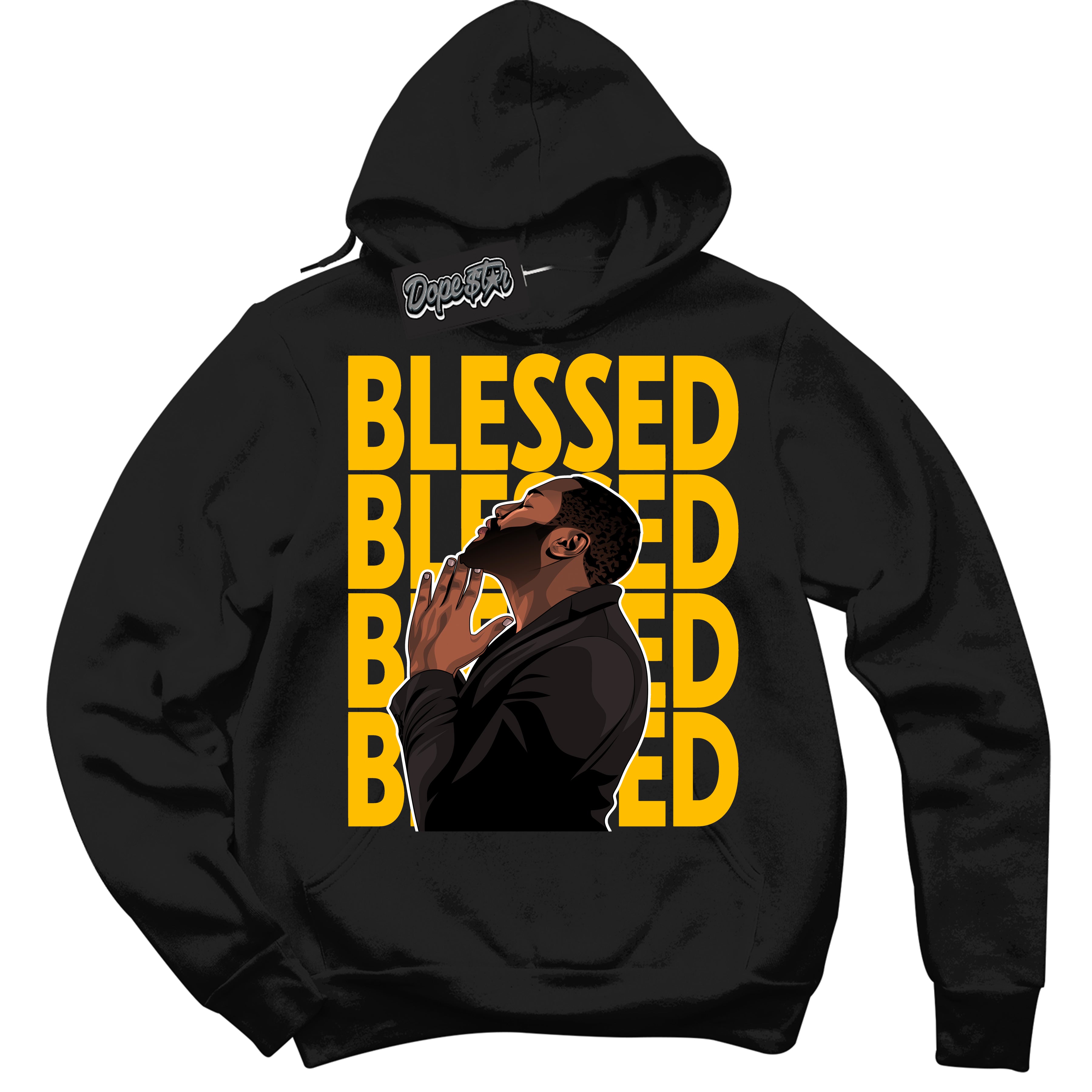 Cool Black Hoodie with “ God Blessed '' design that Perfectly Matches White University Gold Sneakers.