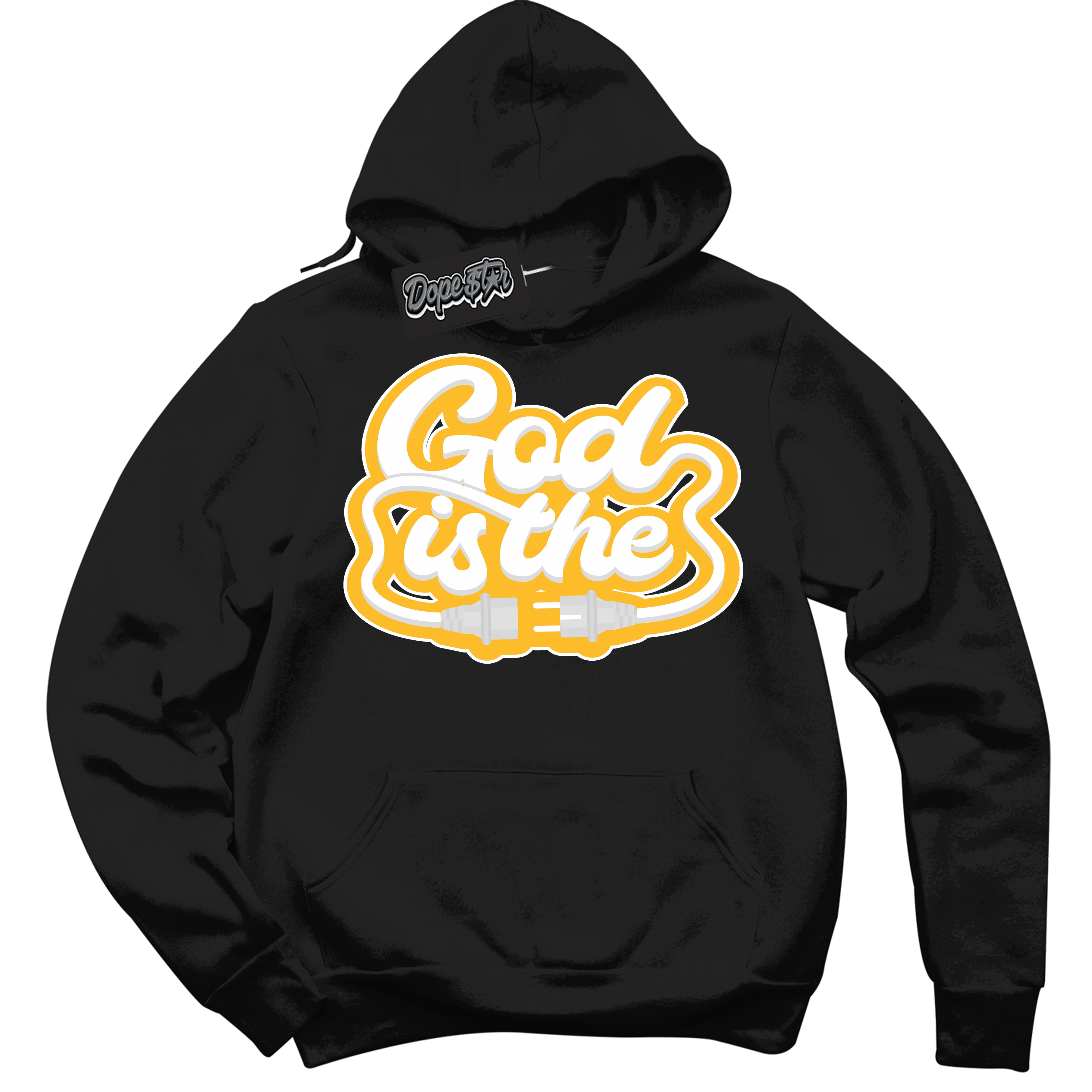 Cool Black Hoodie with “ God Is The '' design that Perfectly Matches White University Gold Sneakers.