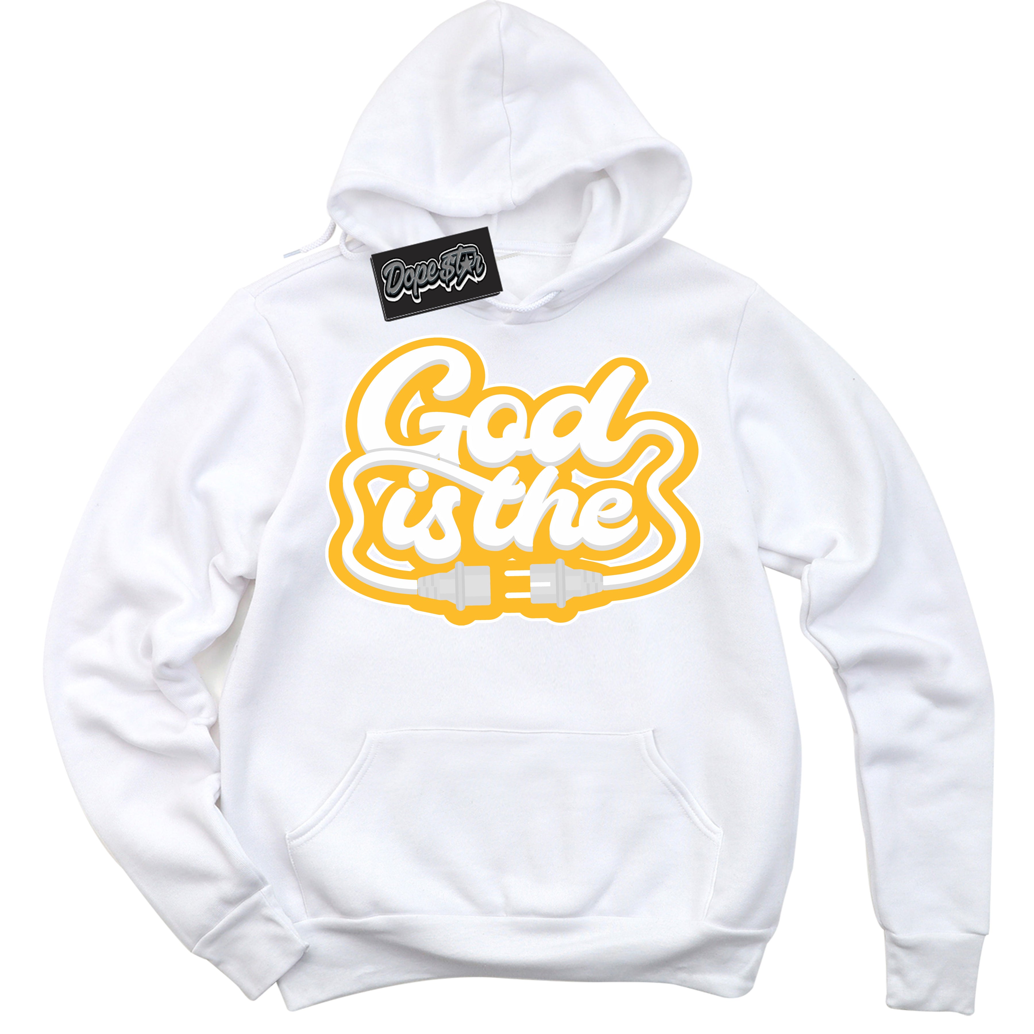 Cool White Hoodie with “ God Is The '' design that Perfectly Matches White University Gold Sneakers.