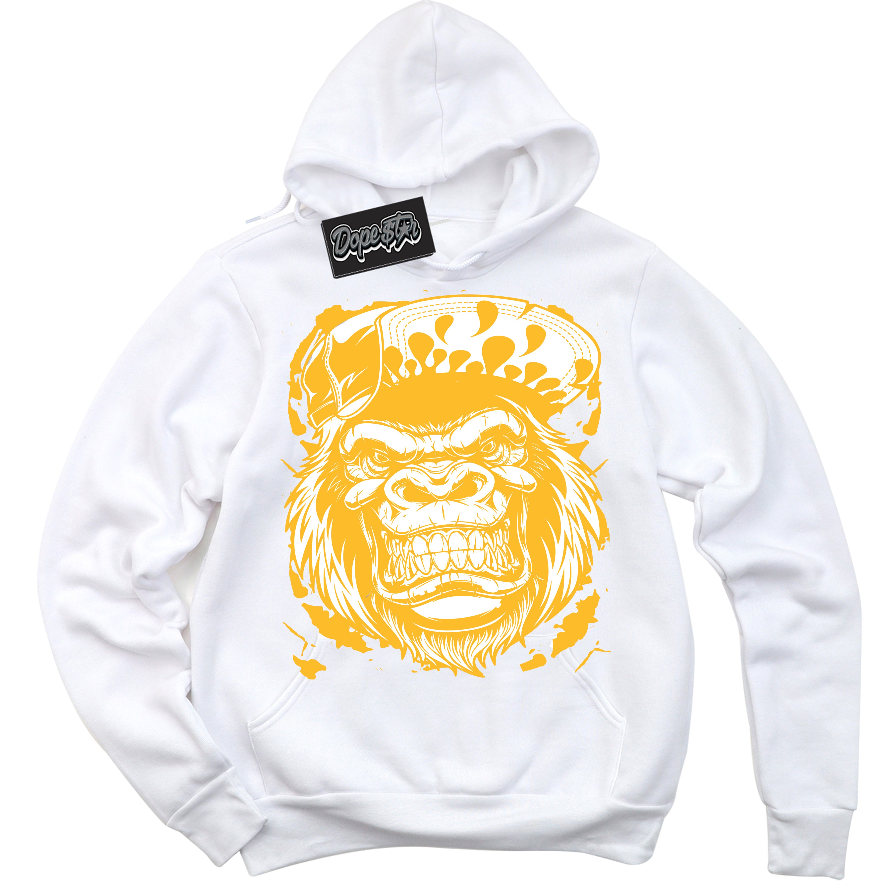 Cool White Hoodie with “ Gorilla Beast '' design that Perfectly Matches White University Gold Sneakers.