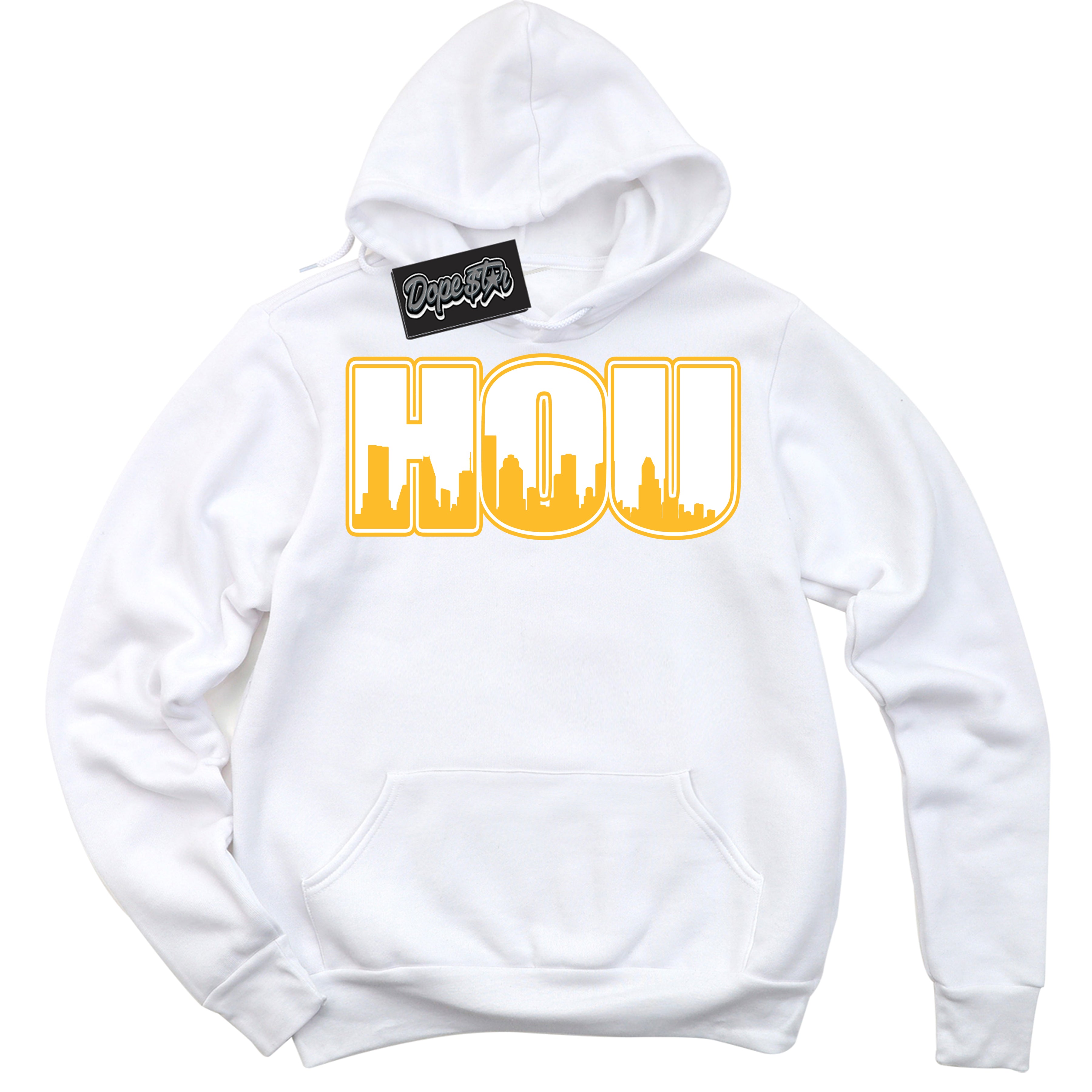 Cool White Hoodie with “ Houston '' design that Perfectly Matches White University Gold Sneakers.