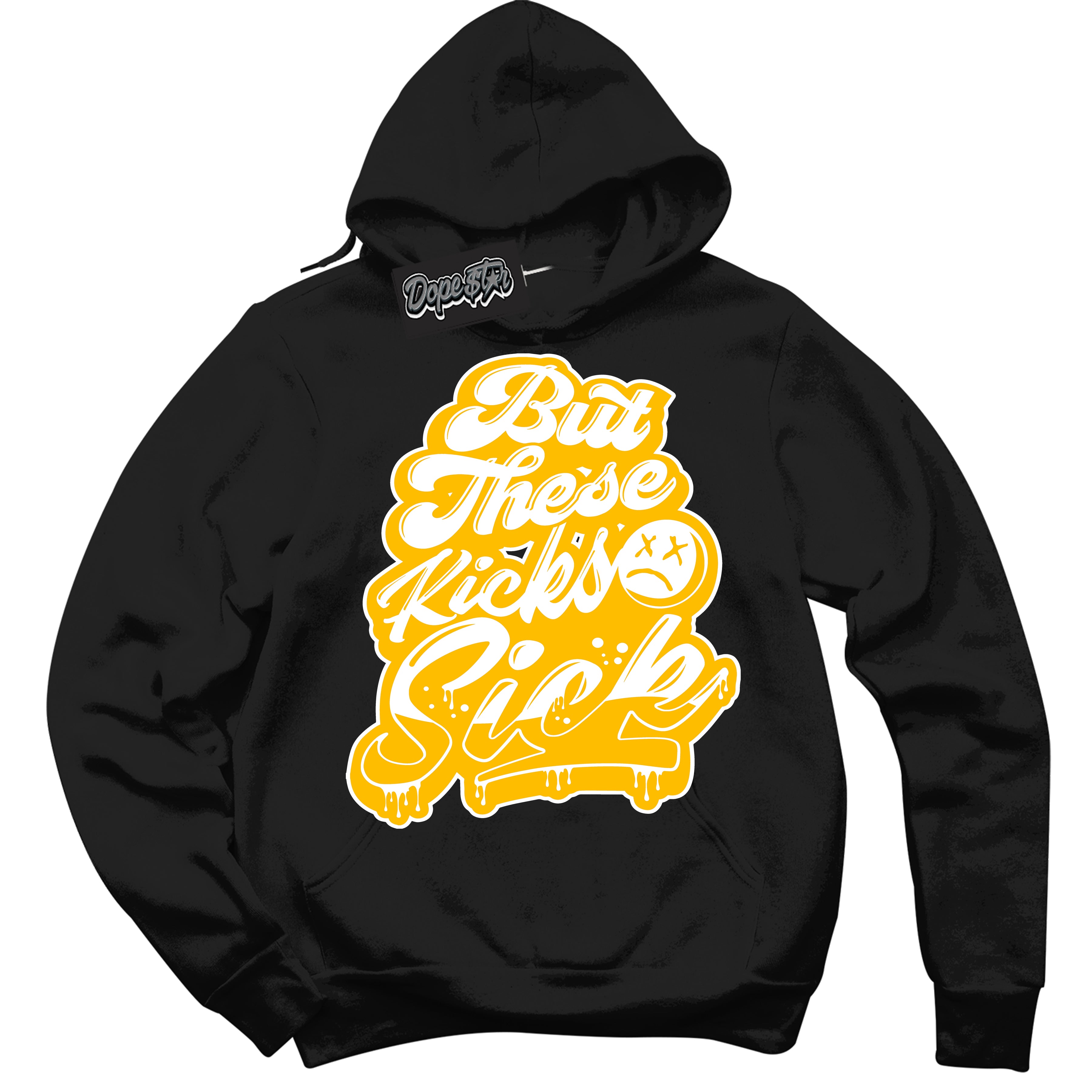 Cool Black Hoodie with “ Kick Sick '' design that Perfectly Matches White University Gold Sneakers.