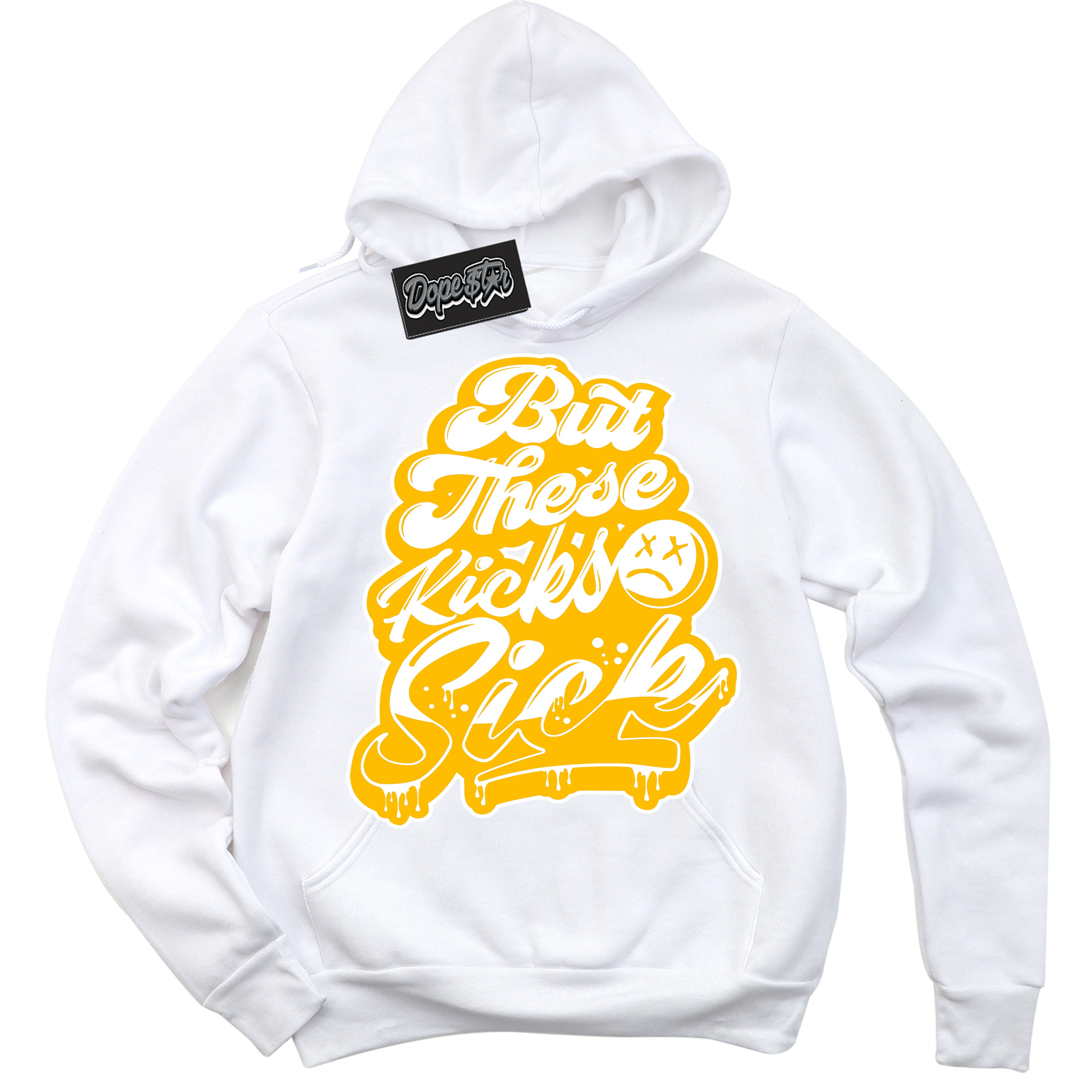 Cool White Hoodie with “ Kick Sick '' design that Perfectly Matches White University Gold Sneakers.