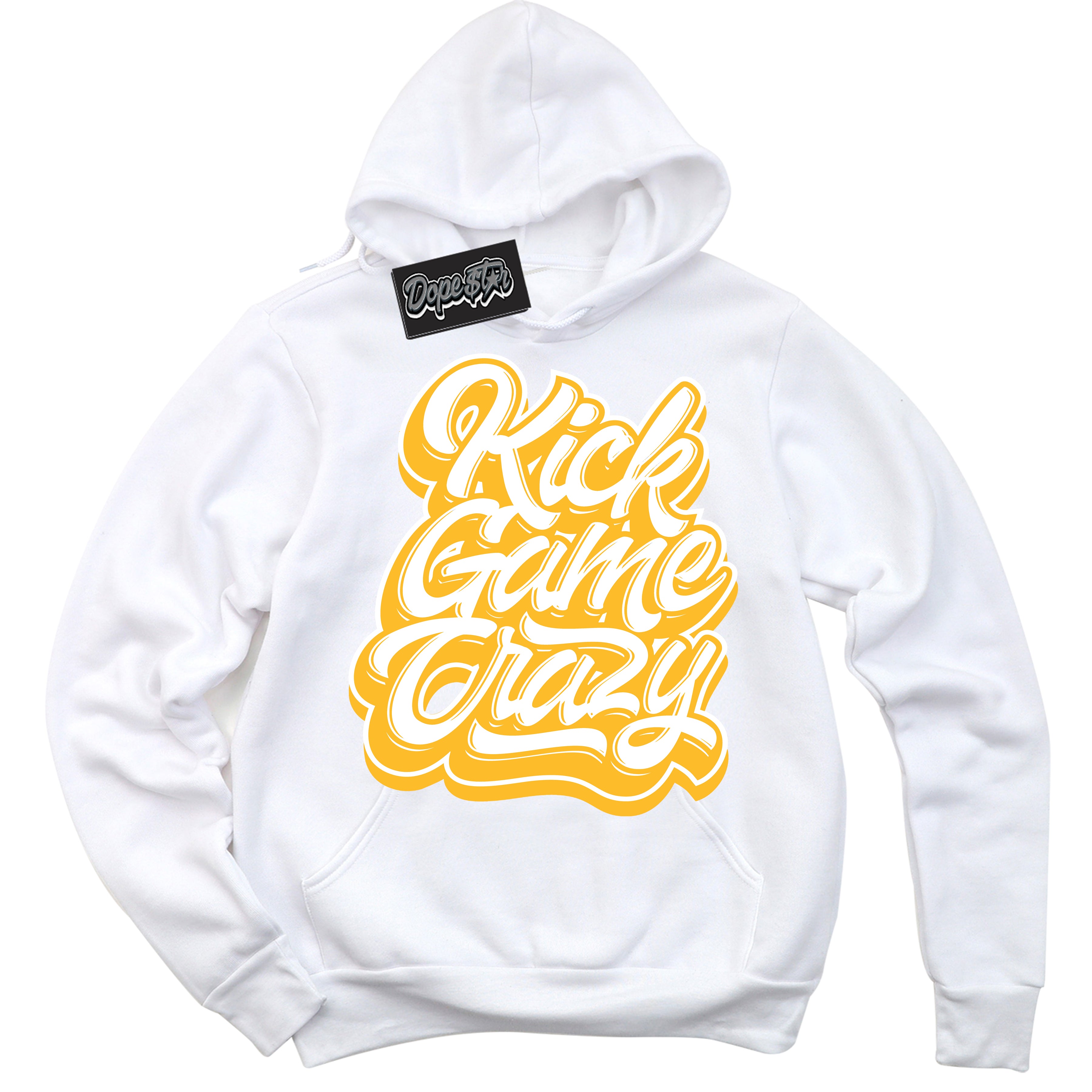 Cool White Hoodie with “ Kick Game Crazy '' design that Perfectly Matches White University Gold Sneakers.