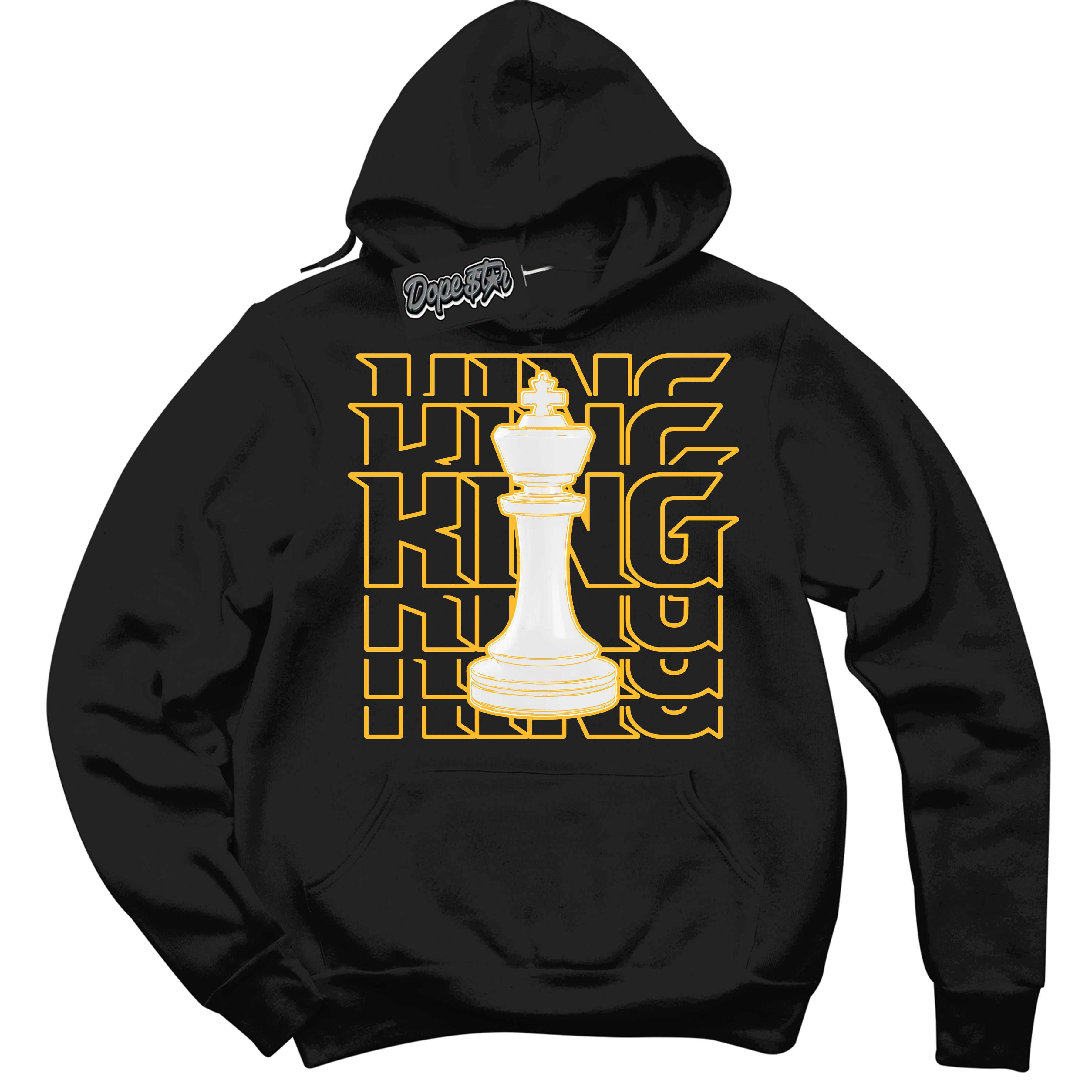 Cool Black Hoodie with “ King Chess '' design that Perfectly Matches White University Gold Sneakers.