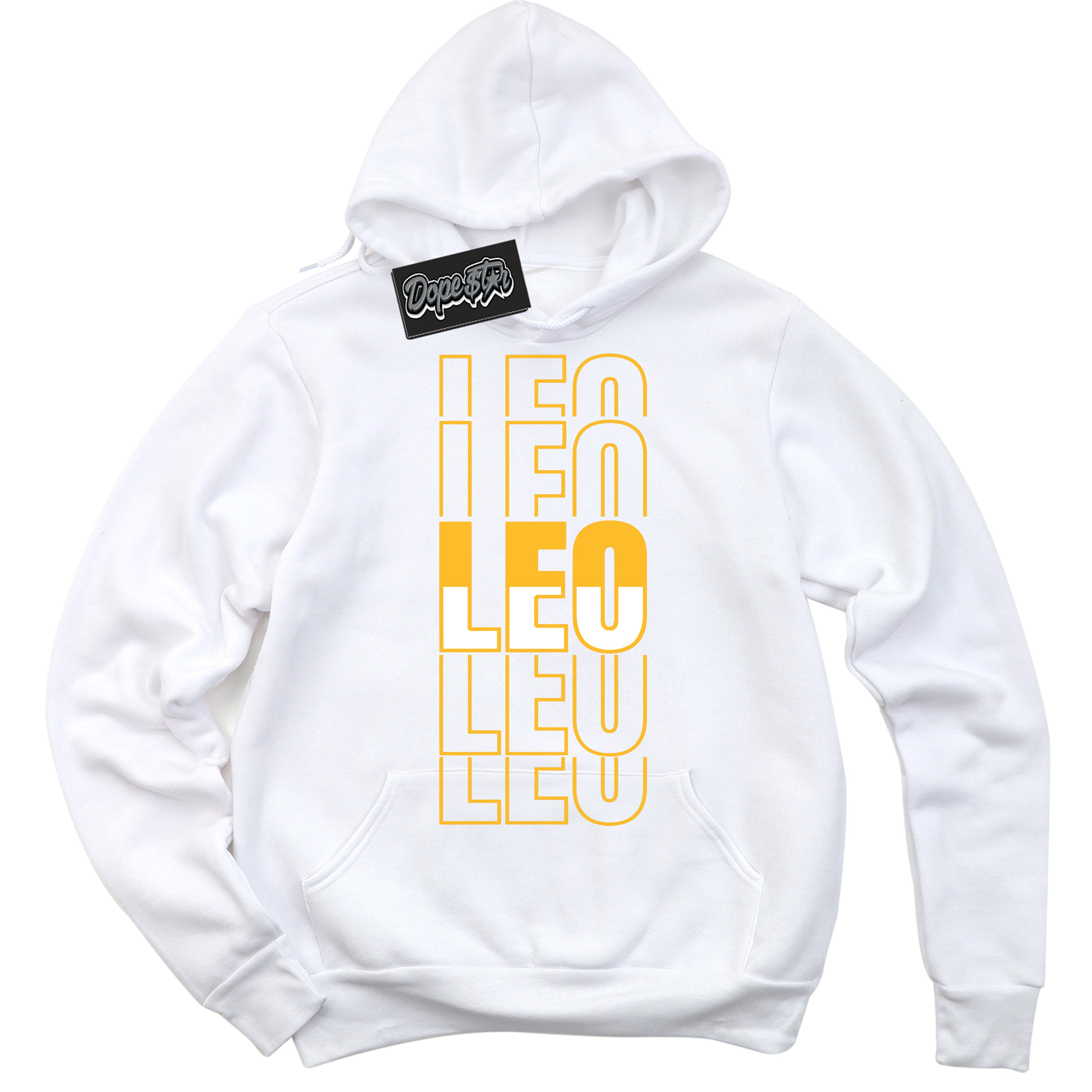 Cool White Hoodie with “ Leo '' design that Perfectly Matches White University Gold Sneakers.