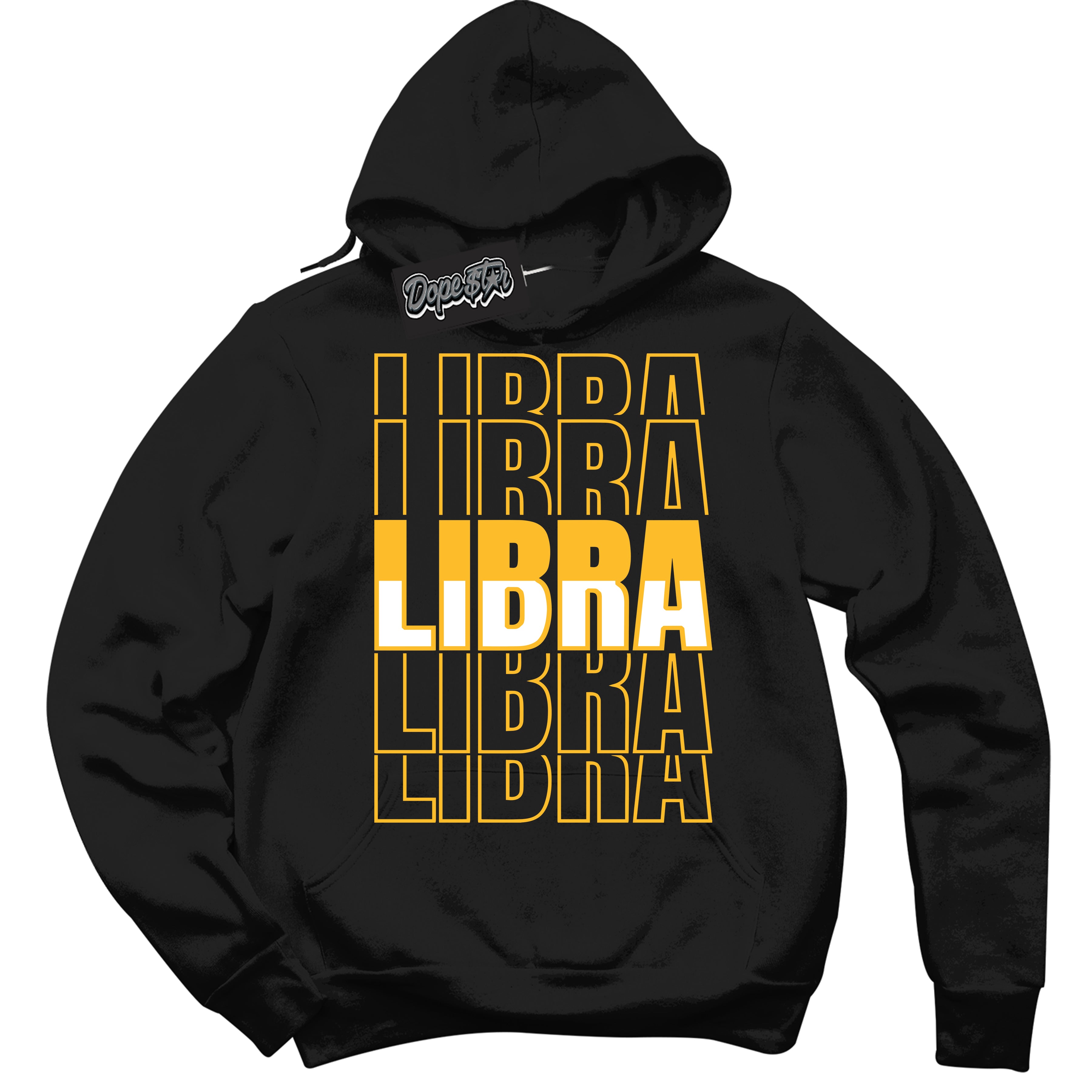 Cool Black Hoodie with “ Libra '' design that Perfectly Matches White University Gold Sneakers.