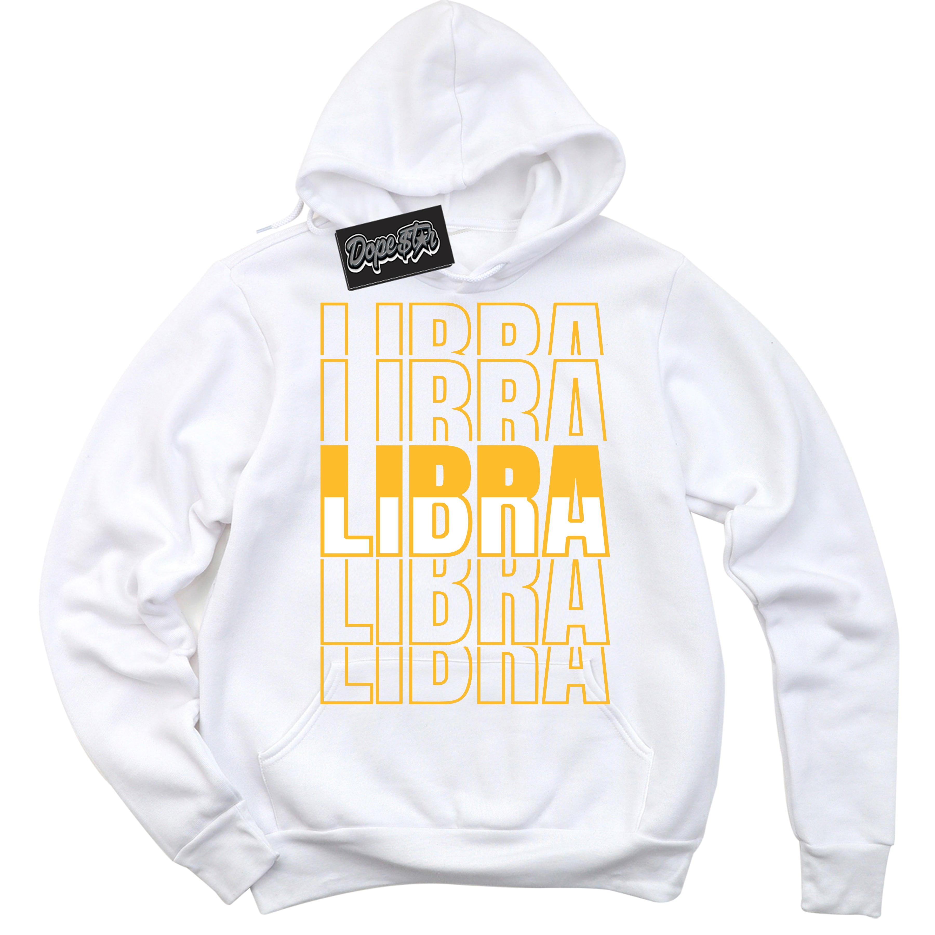 Cool White Hoodie with “ Libra '' design that Perfectly Matches White University Gold Sneakers.