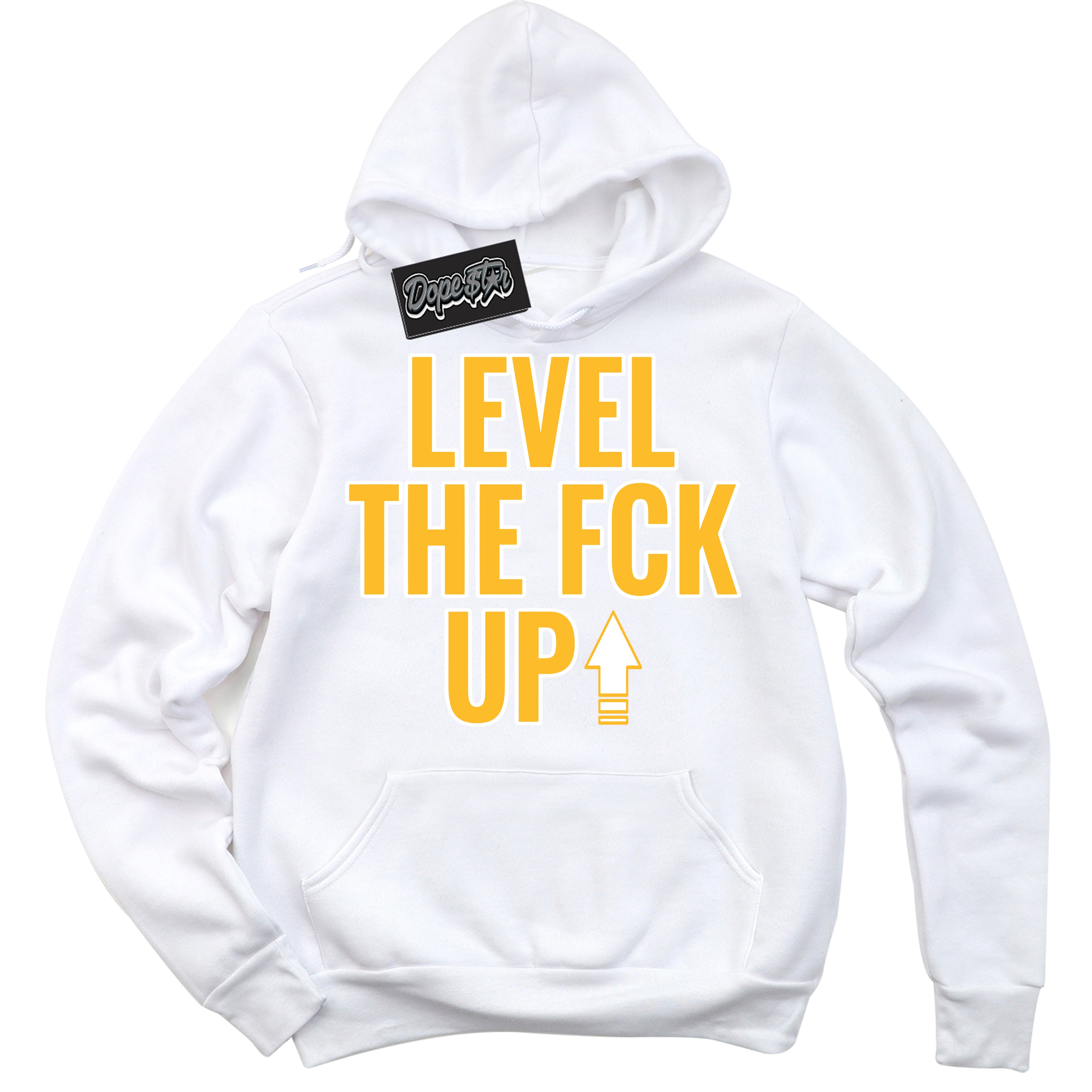 Cool White Hoodie with “ Level The Fck Up '' design that Perfectly Matches White University Gold Sneakers.