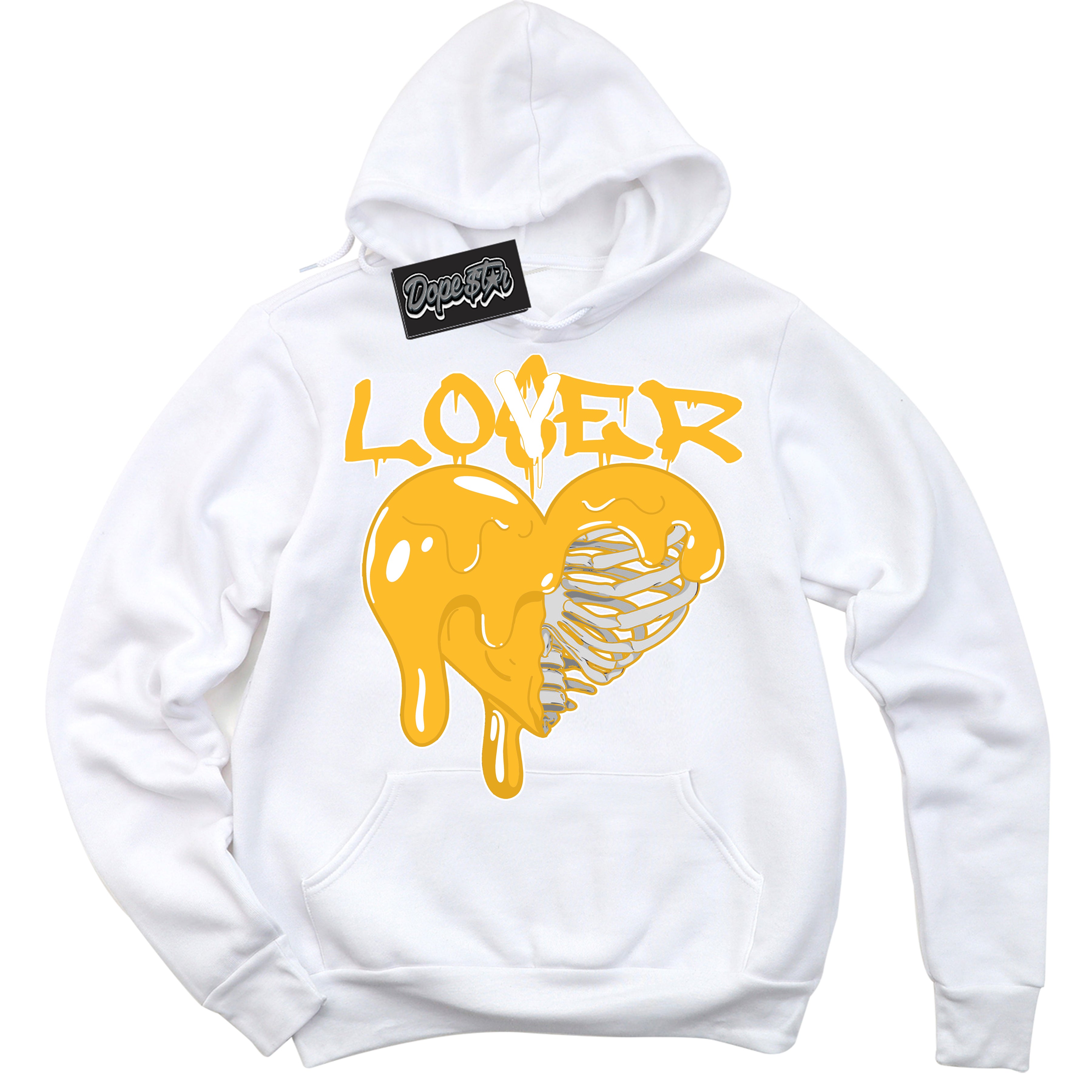Cool White Hoodie with “ Lover Loser '' design that Perfectly Matches White University Gold Sneakers.