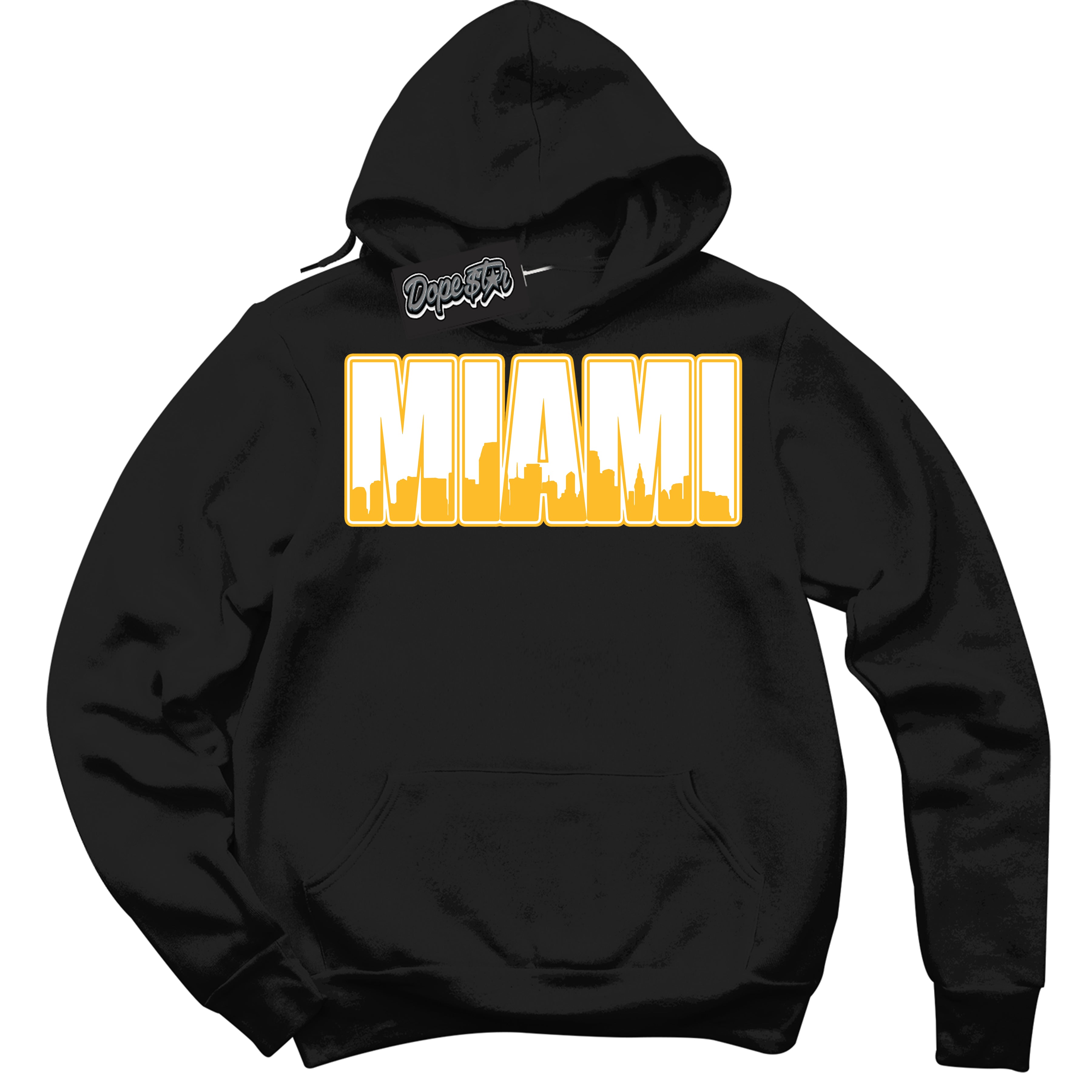 Cool Black Hoodie with “ Miami '' design that Perfectly Matches White University Gold Sneakers.