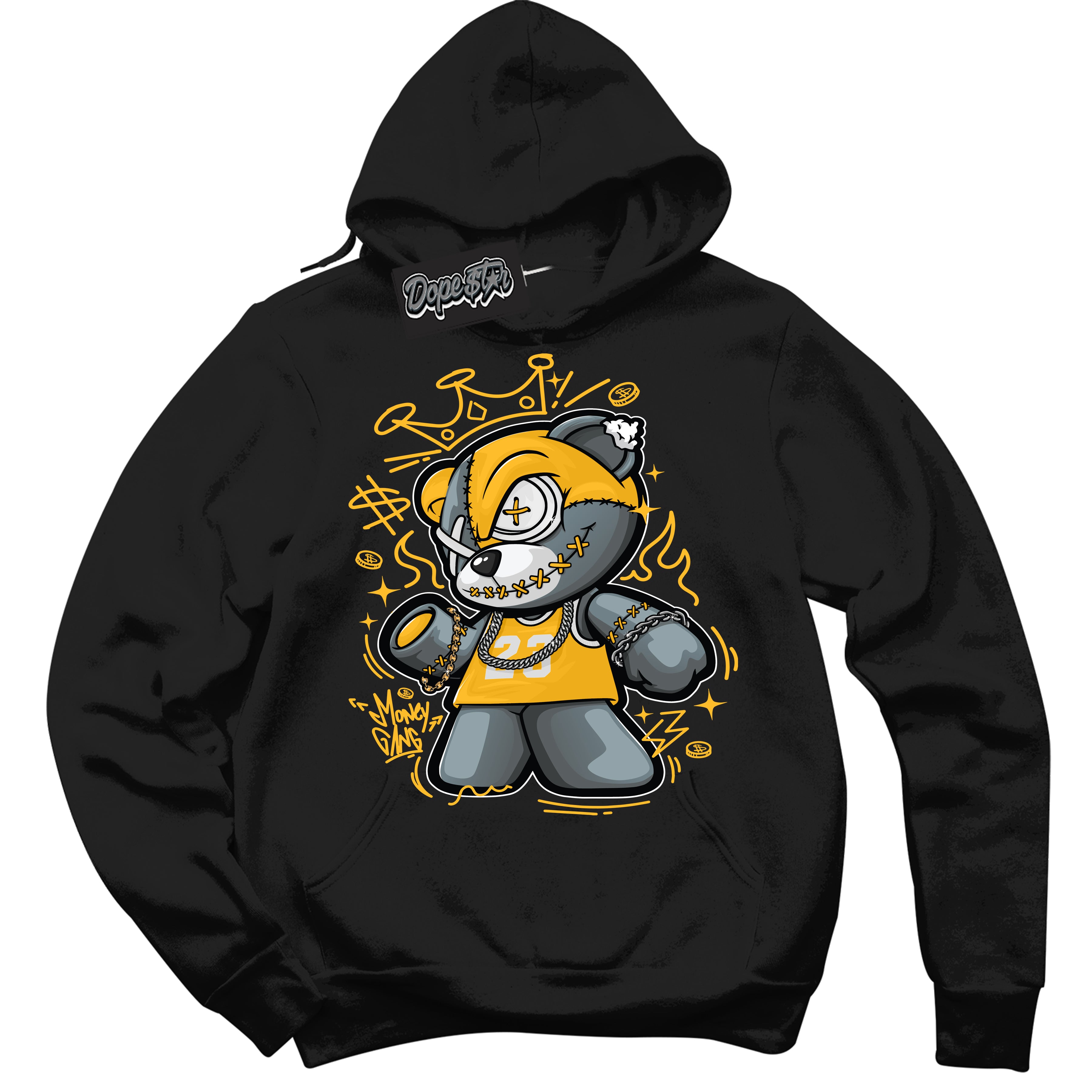 Cool Black Hoodie with “ Money Gang Bear '' design that Perfectly Matches White University Gold Sneakers.