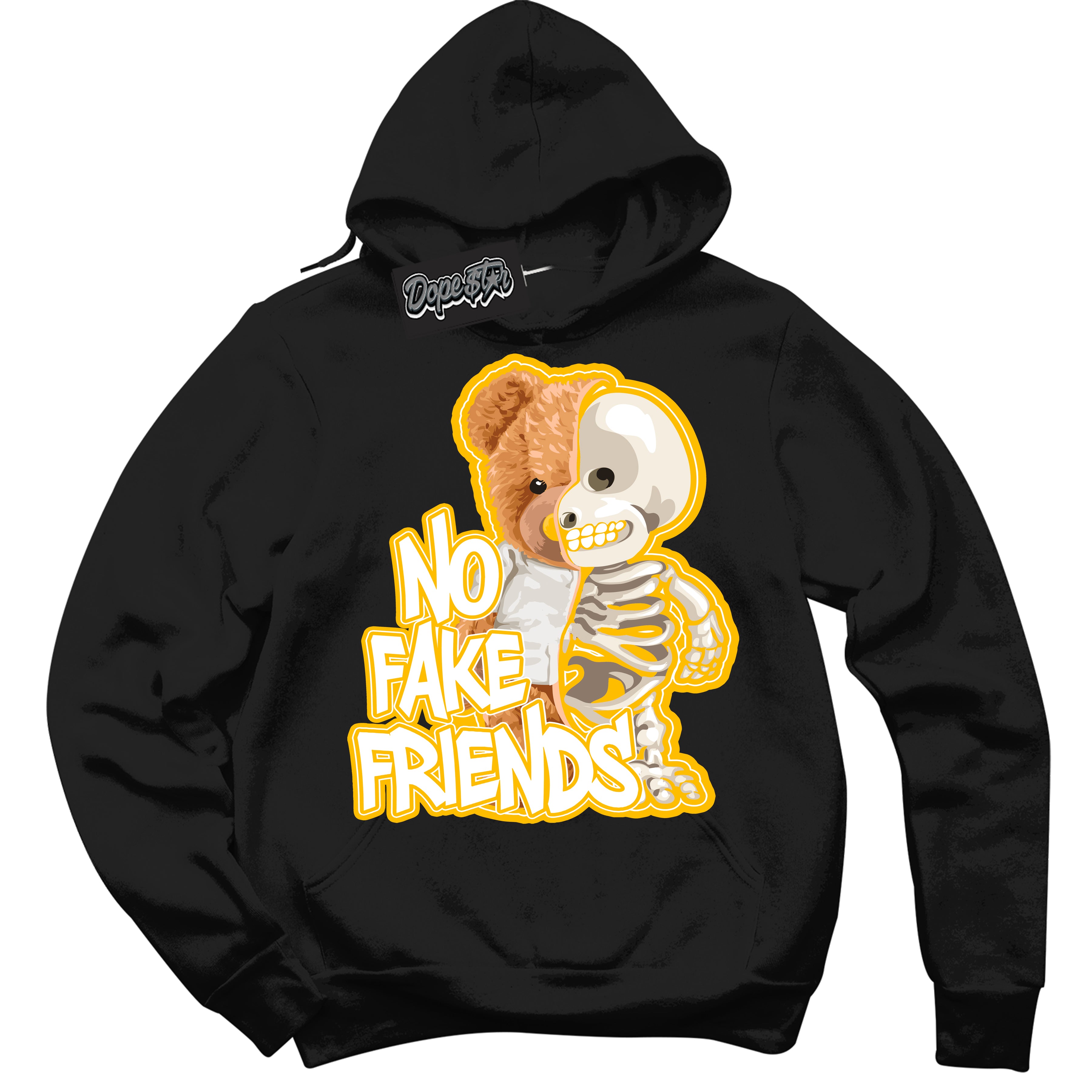 Cool Black Hoodie with “ No Fake Friends '' design that Perfectly Matches White University Gold Sneakers.