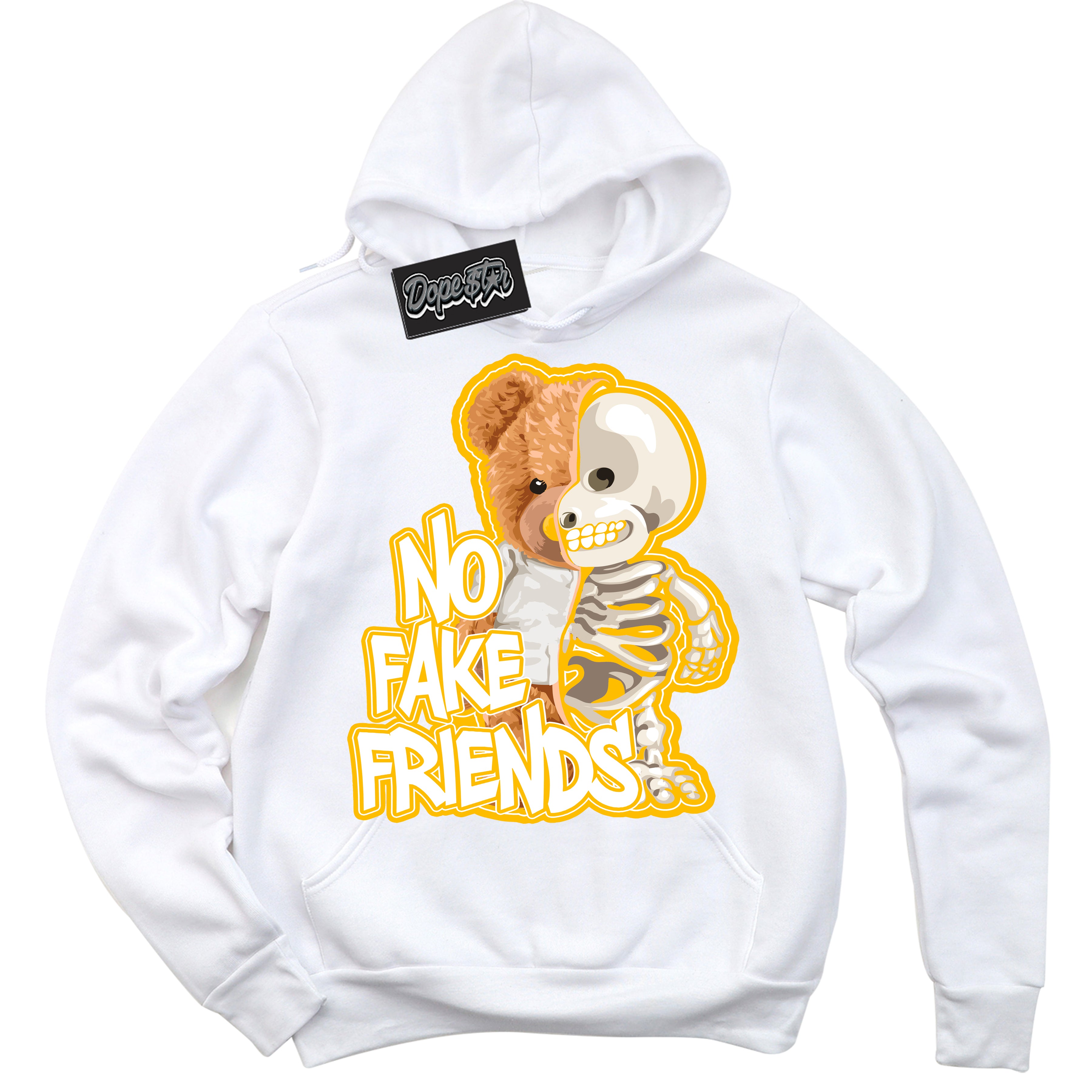 Cool White Hoodie with “ No Fake Friends '' design that Perfectly Matches White University Gold Sneakers.