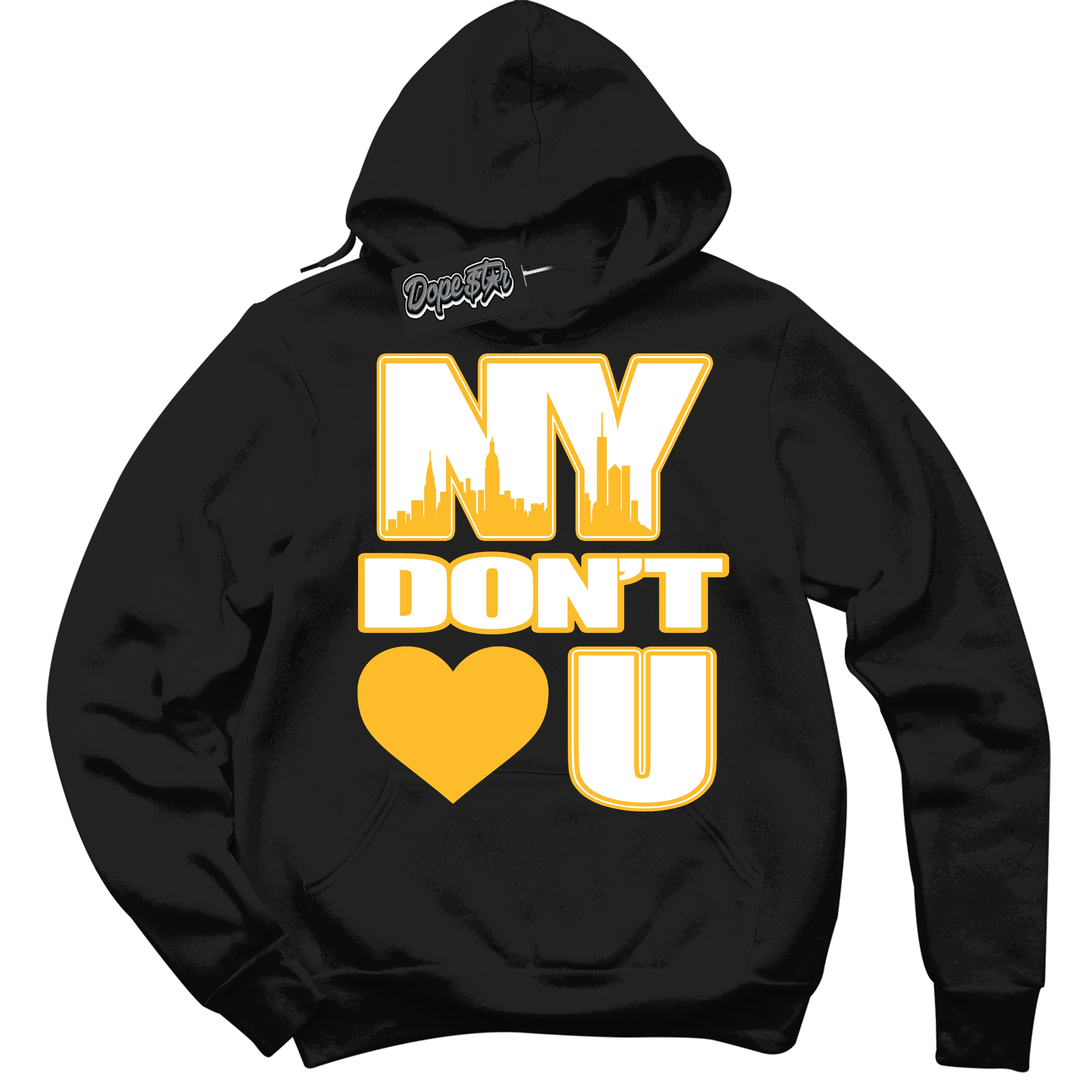 Cool Black Hoodie with “ NY Don't Love You '' design that Perfectly Matches White University Gold Sneakers.