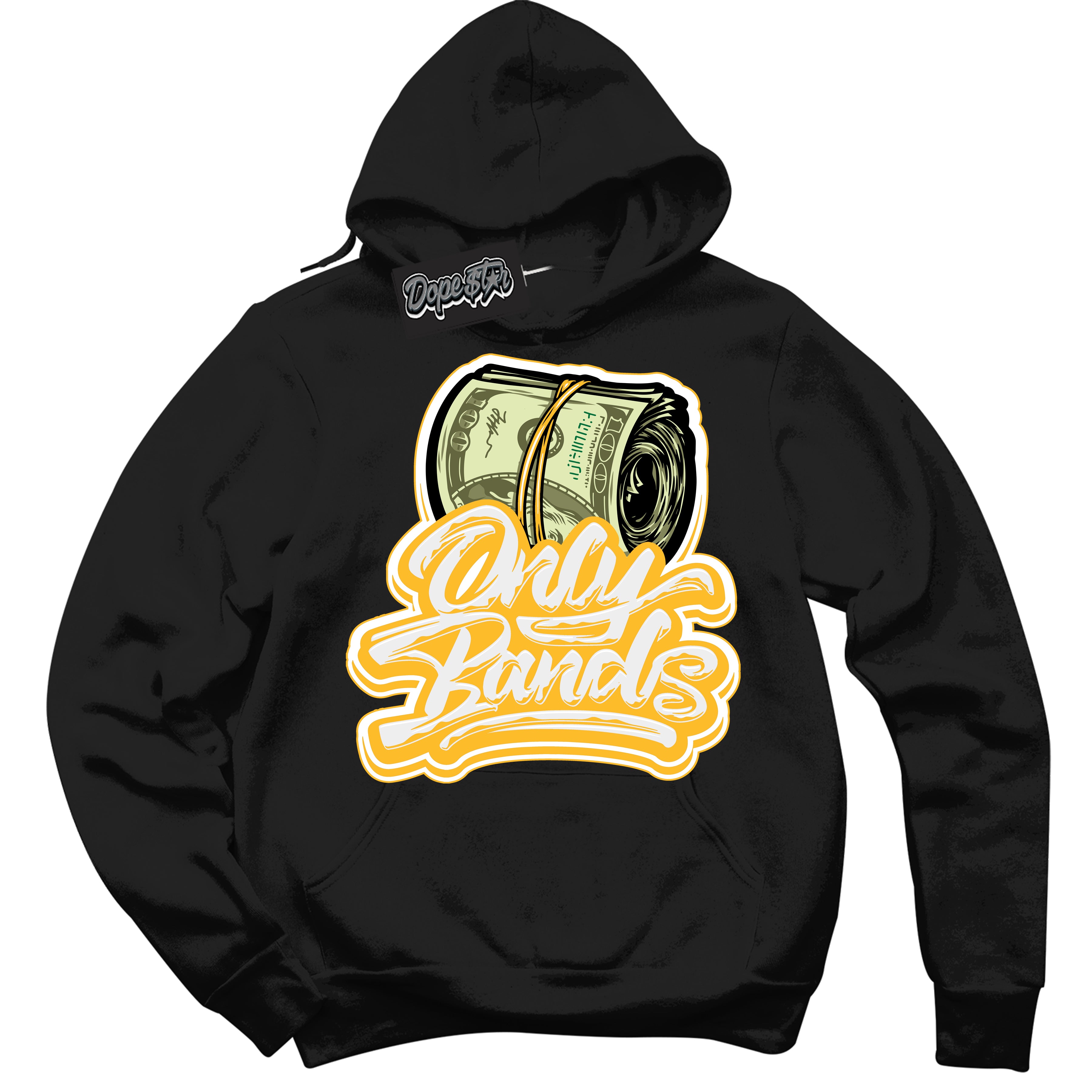 Cool Black Hoodie with “ Only Bands '' design that Perfectly Matches White University Gold Sneakers.