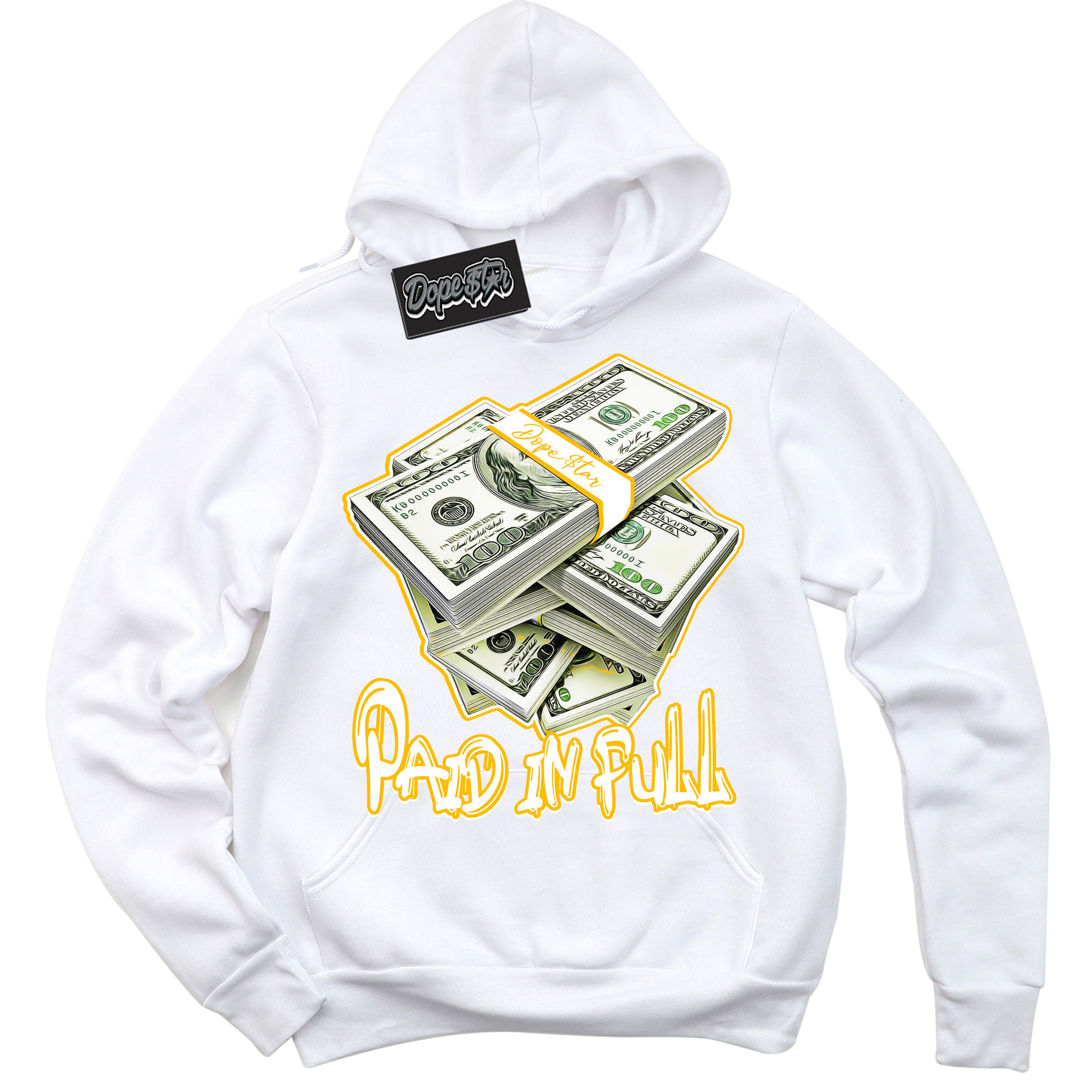 Cool White Hoodie with “ Paid In Full '' design that Perfectly Matches White University Gold Sneakers.