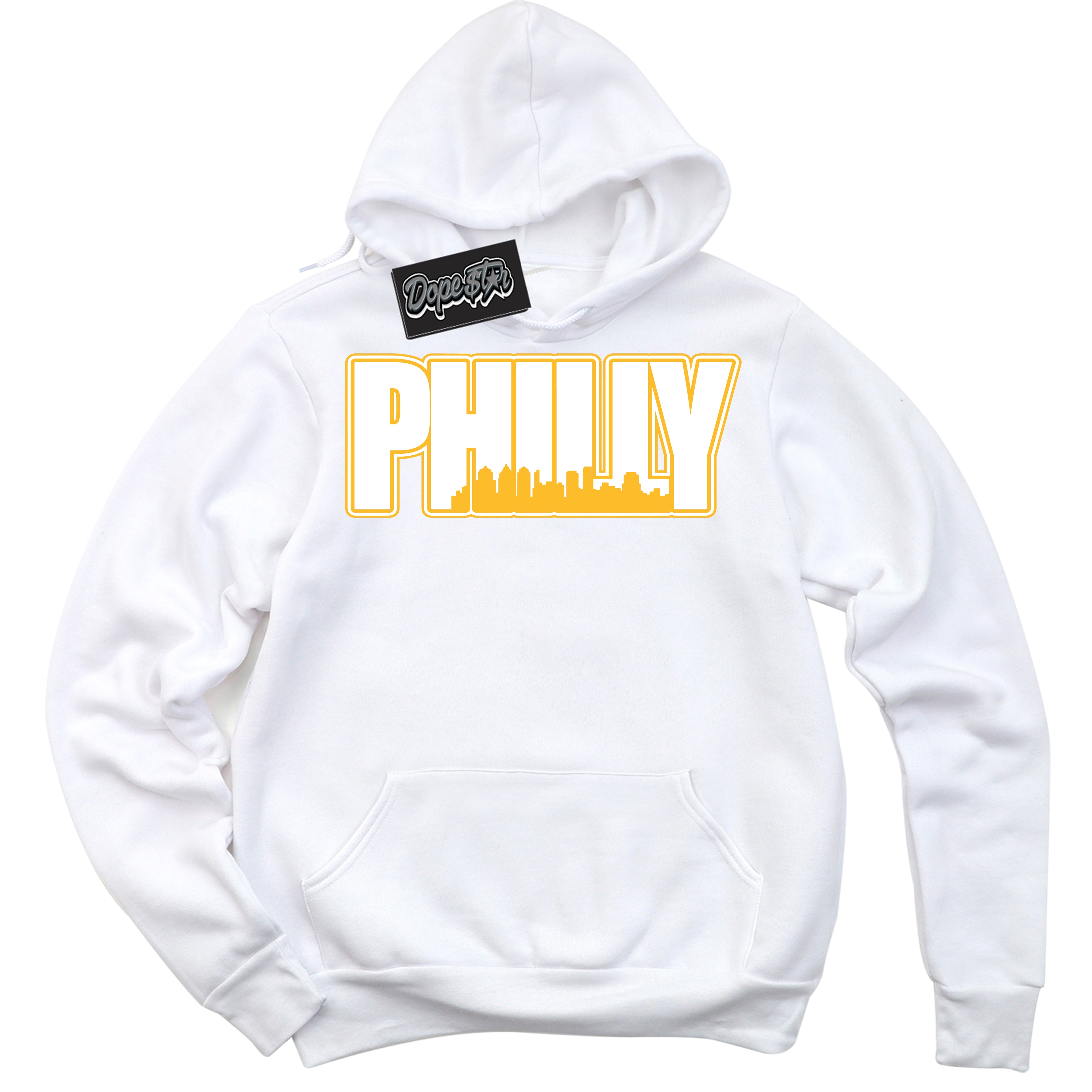 Cool White Hoodie with “ Philly '' design that Perfectly Matches White University Gold Sneakers.