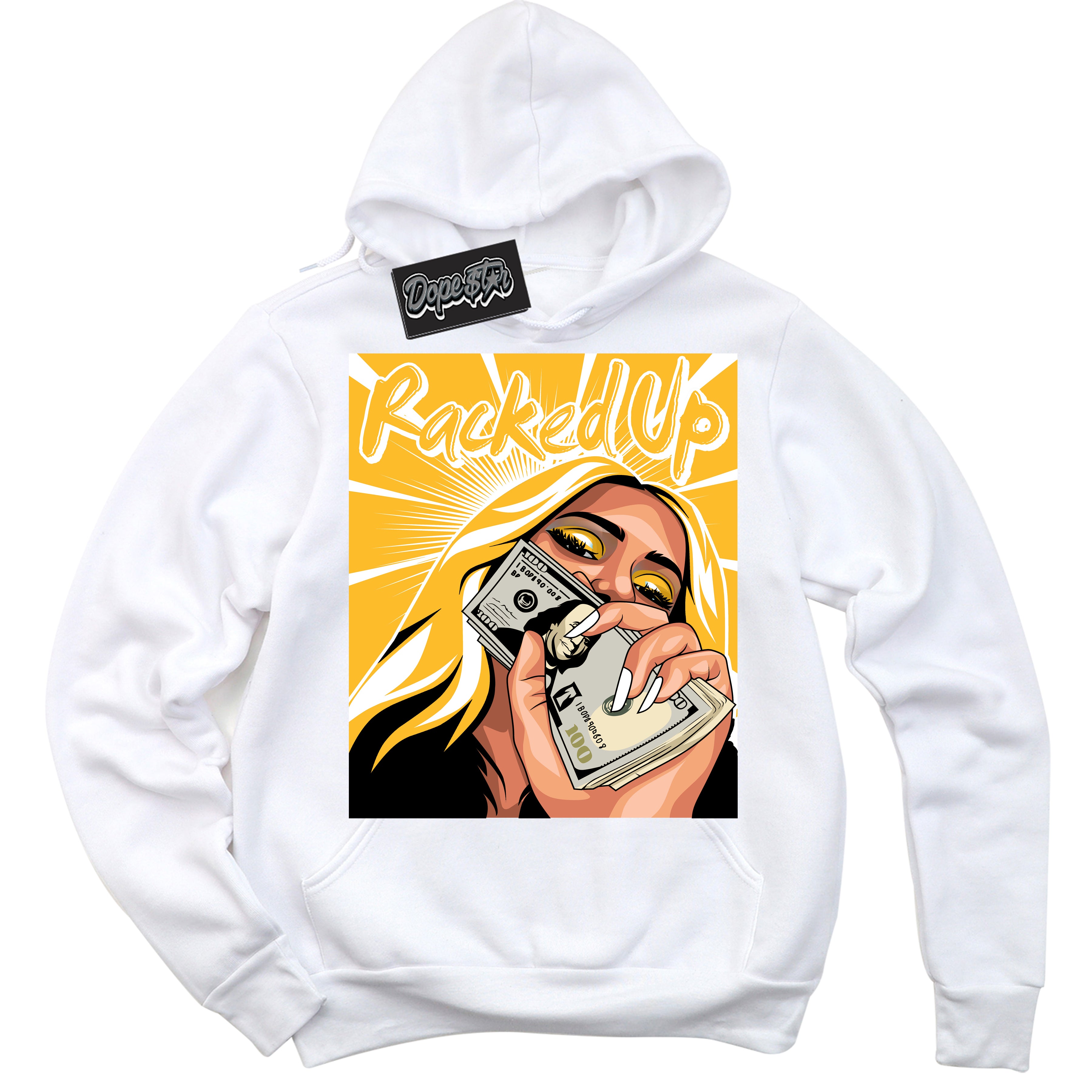 Cool White Hoodie with “ Racked Up '' design that Perfectly Matches White University Gold Sneakers.