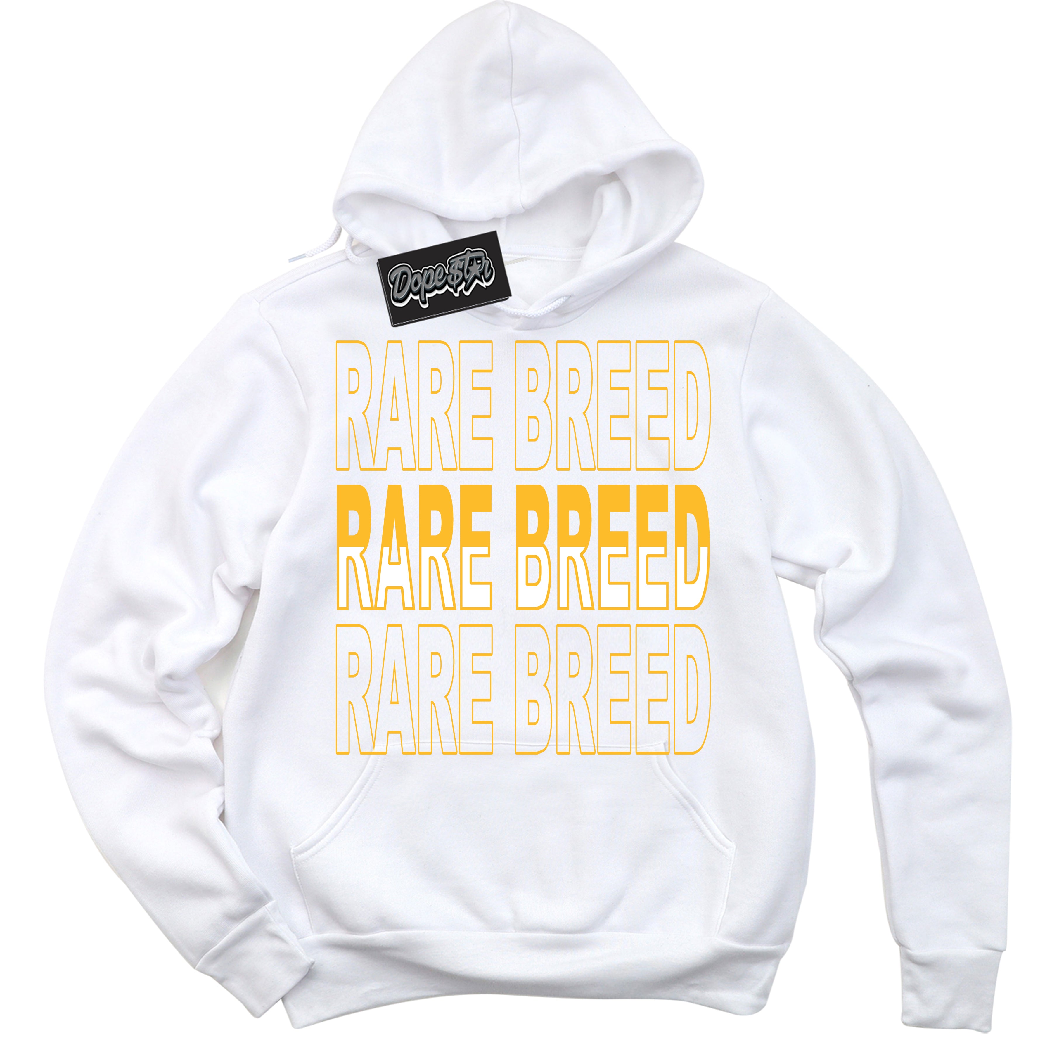 Cool White Hoodie with “ Rare Breed '' design that Perfectly Matches White University Gold Sneakers.